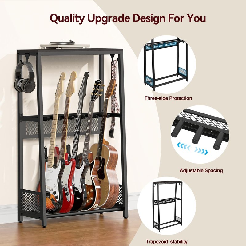 JollyJive 5-Guitar Stand with Storage Shelf, Heavy Duty Multi-Guitar Rack Floor Holder for Acoustic Electric Guitars & Bass, Patented Anti-Collision Mesh Shield, Ultra-Stable