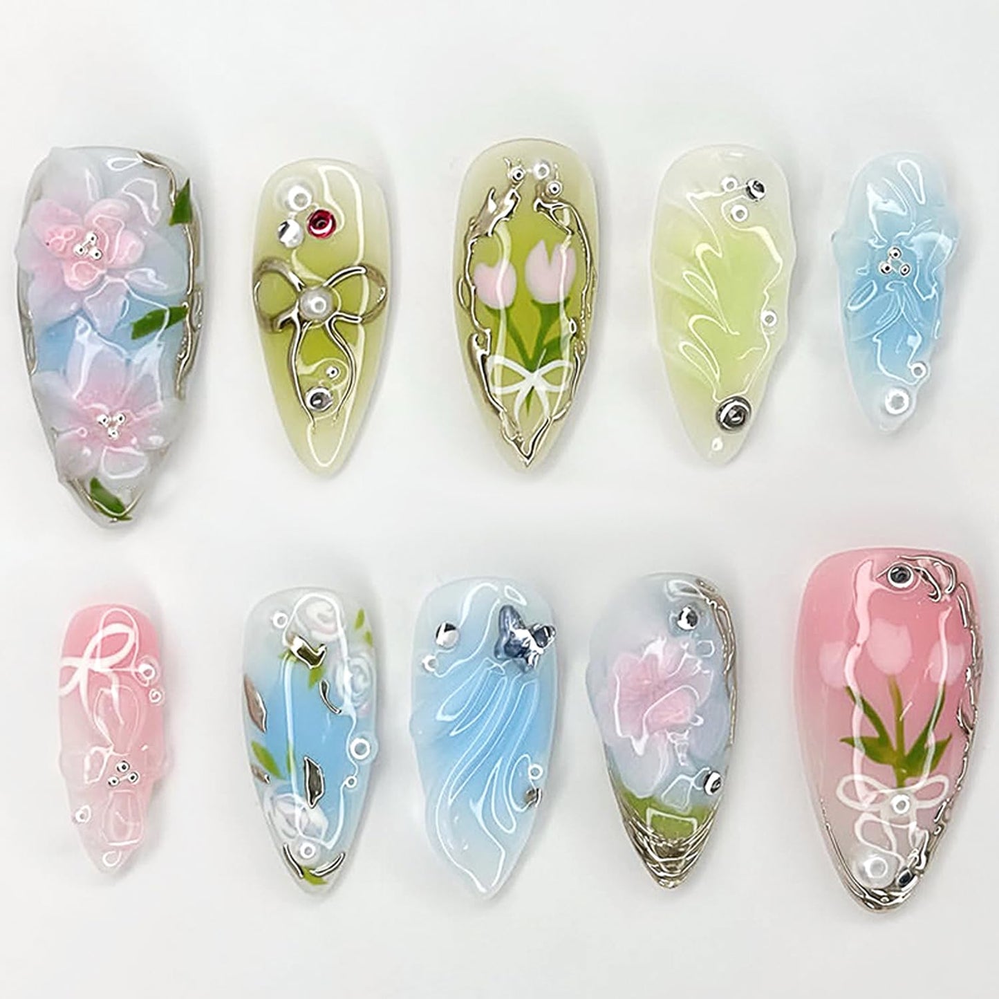 Press-On Nails - 24Pcs Medium Almond Fake Nails with Lotus & Lucky Koi Design | Glossy Full Cover for Spring/Summer DIY Manicure