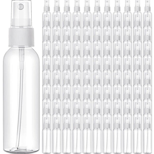 100 Pack 2 Oz Plastic Spray Bottles - Reusable Mini Travel Size Mist Sprayer for Essential Oils & Cleaning | Clear