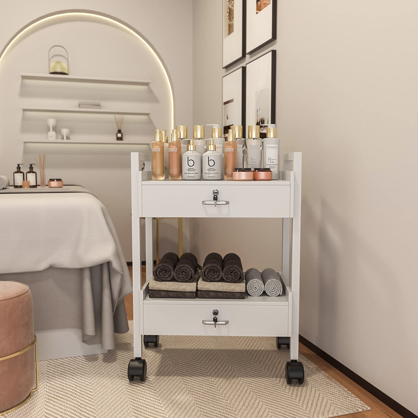 Paddie Salon Trolley Cart, Salon Tray Wooden Mobile Utility Cabinet with 2 Lockable Drawers, Rolling Storage Station Medical Esthetic Supply Holder for Beauty Spa (2 Drawers, White)