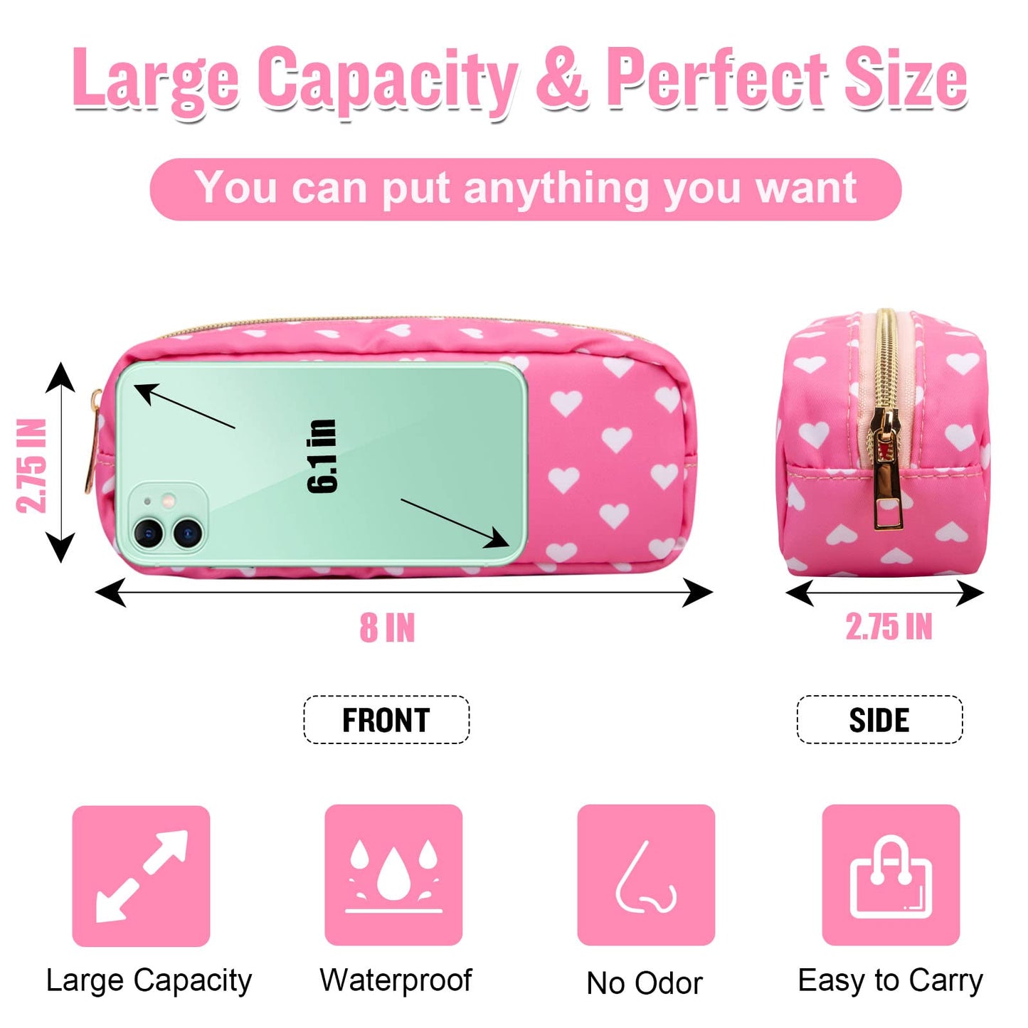 Nylon Slim Makeup Bag, Pink Heart Makeup Brush Case, Preppy Cosmetic Zipper Pouch for Purse, Travel Toiletry Bag Clutch Coin Pouch Makeup Organizer for Women Girls