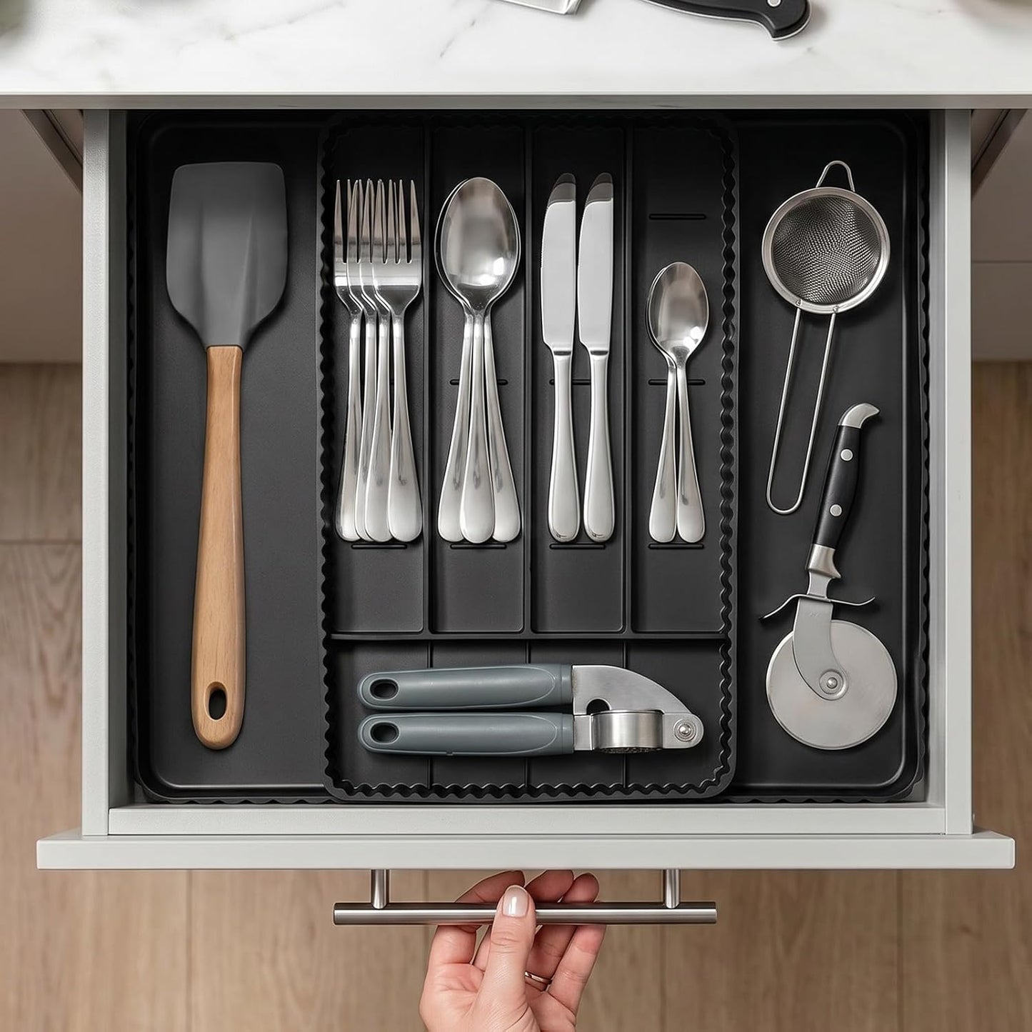 Expandable Silverware Organizer - Adjustable 7-Compartment Cutlery Tray | Heat-Resistant Silicone, Black - 50% Larger Capacity