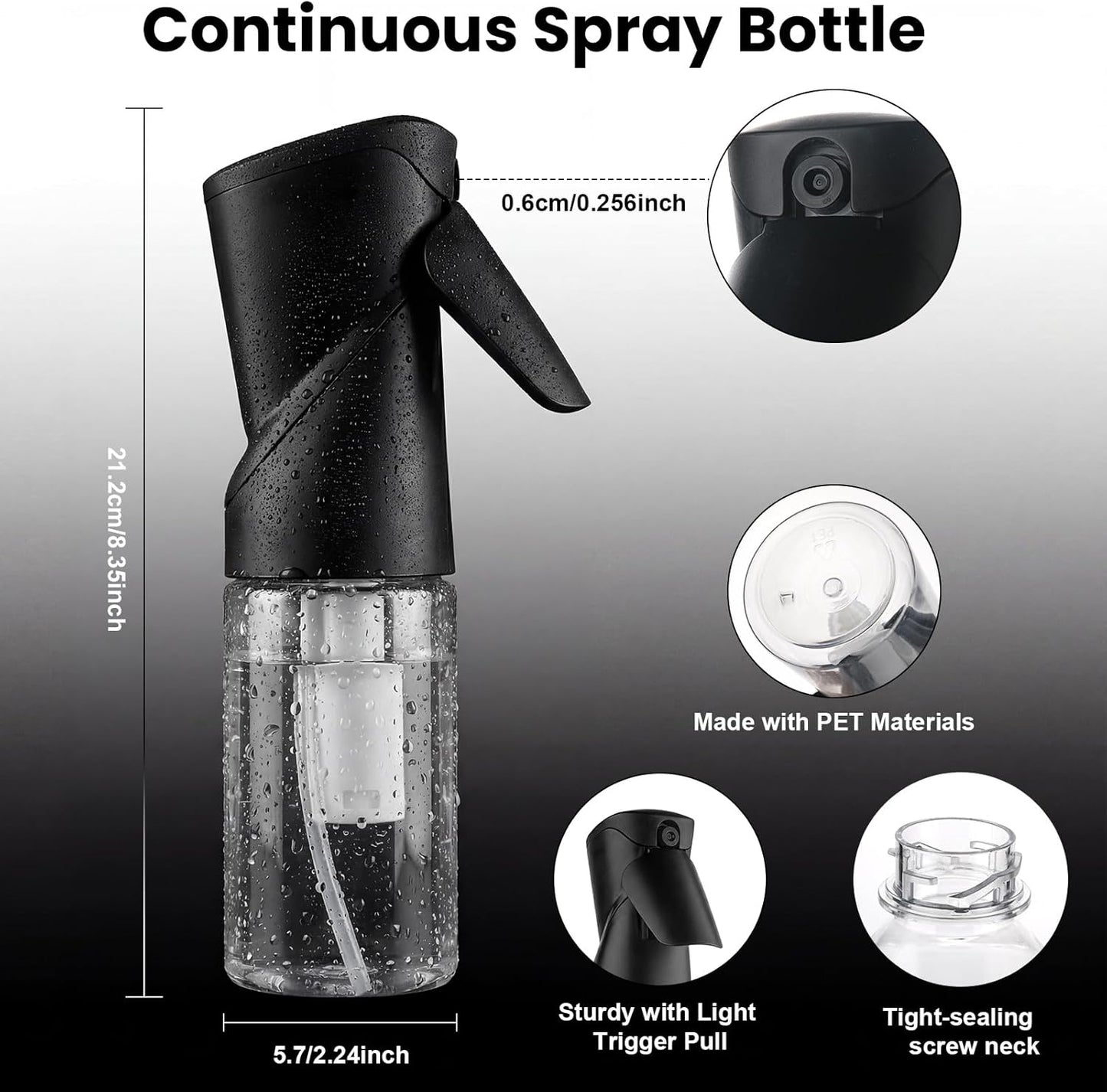 Continuous Spray Bottle - 8.5oz Fine Mist Sprayer for Hair, Plants & Cleaning | Refillable Water Dispenser - Black
