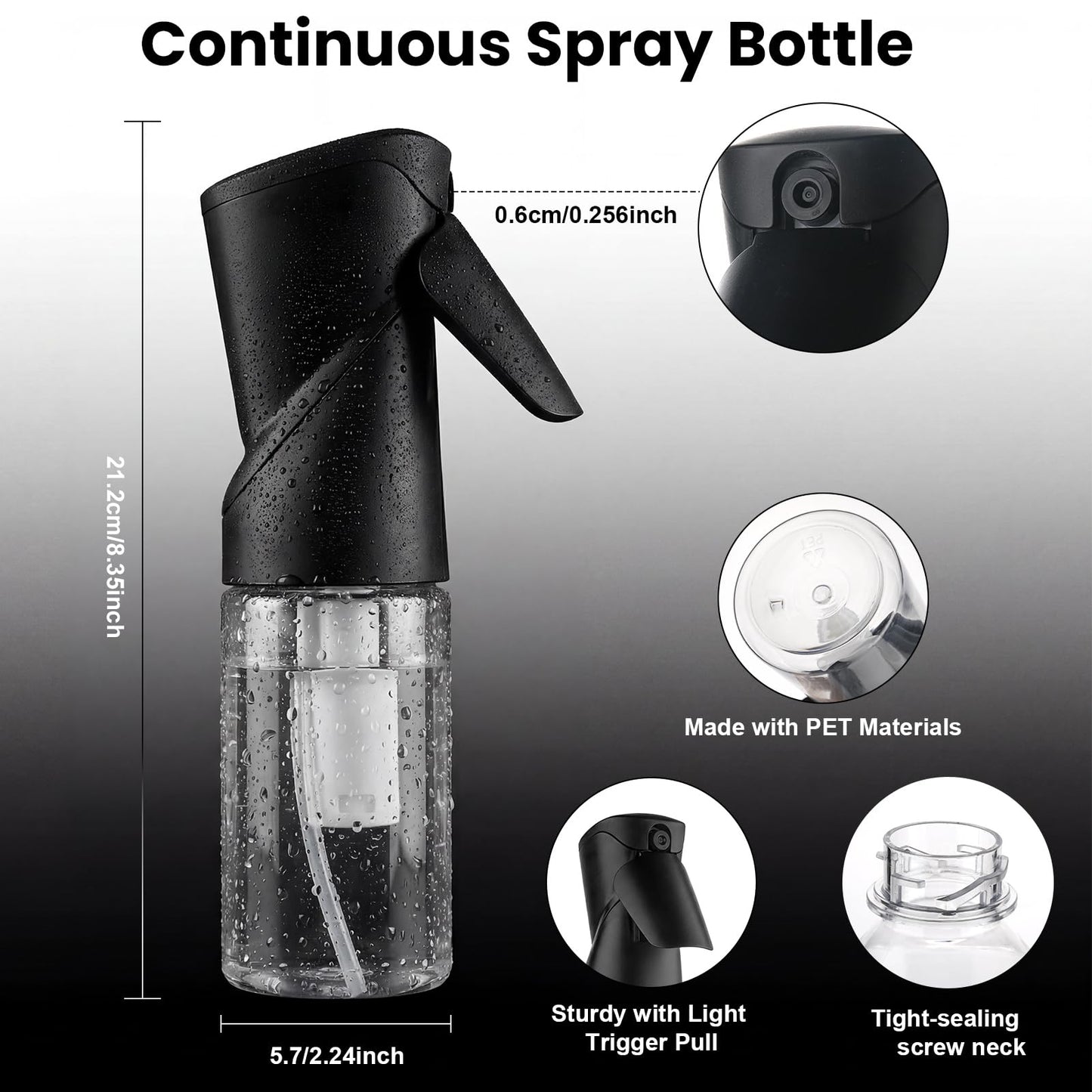iwreaiy 1 Pack 8.5oz Continuous Spray Bottle for Hair Styling & Plants - Fine Mist Sprayer Refillable Empty Water Dispenser for Cleaning, Ironing, Watercolor & Pet Care - Black