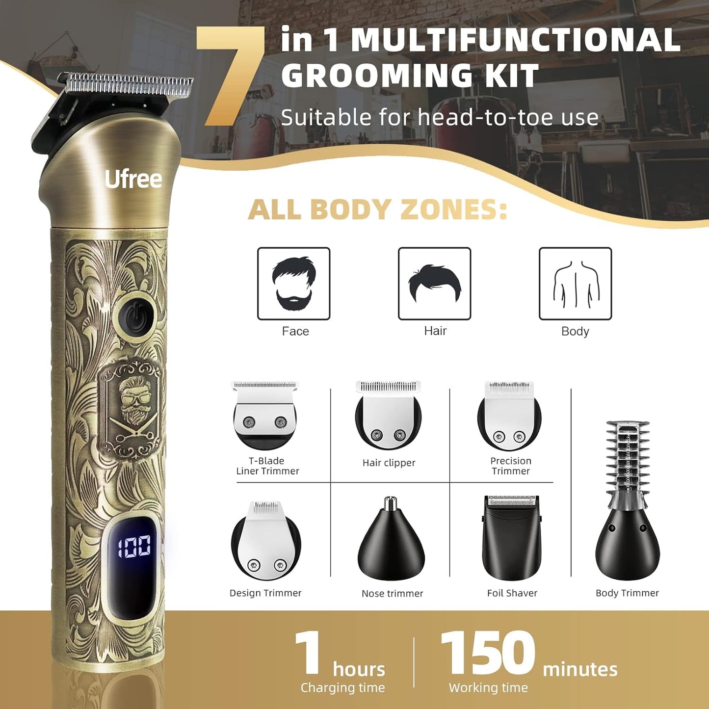 Ufree Beard Trimmer for Men - Cordless Electric Hair Clipper & Grooming Kit | Adjustable Mustache & Facial Hair Shaver