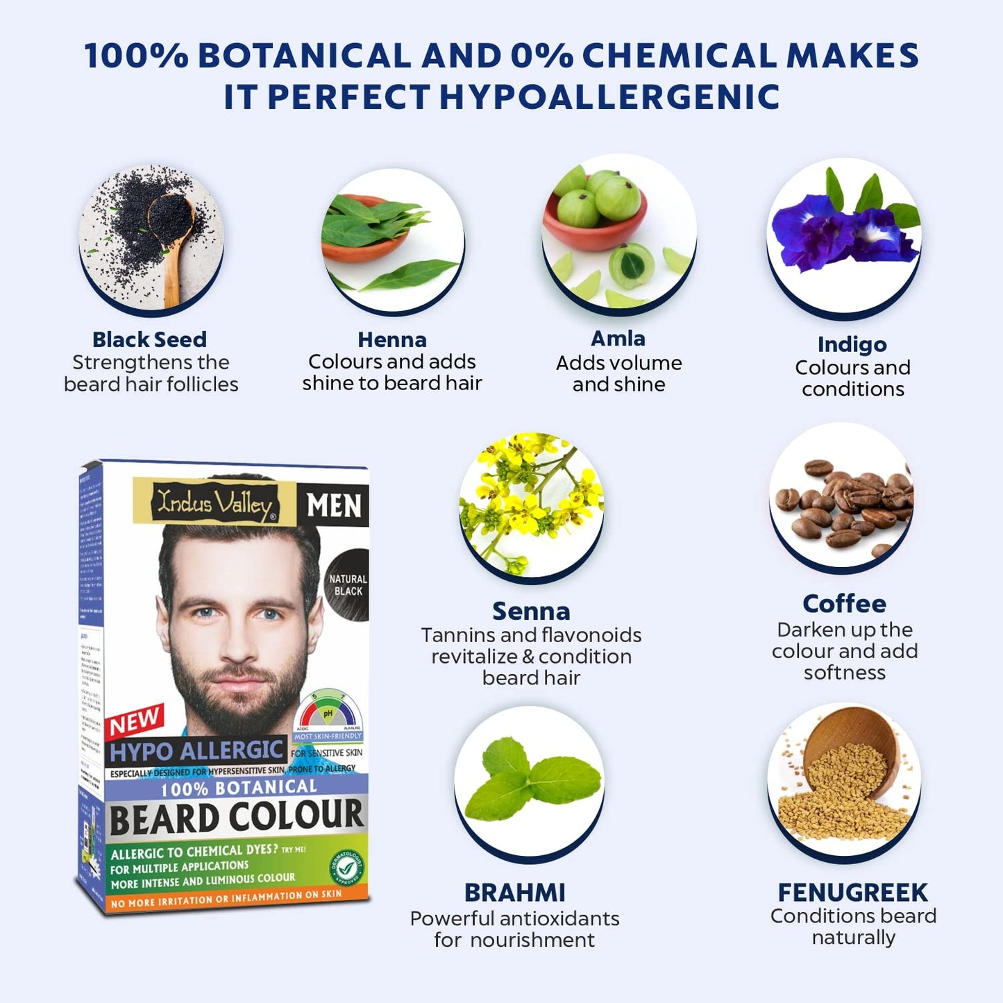 Indus Valley 100% botanical Hypo Allergic Beard Color for Men, Men's Natural Beard Hair Coloring Kit, Amonia & PPD Free Made up of 8 Organic Ingredients, Vegan Free (100g+ 15ml)(Black)