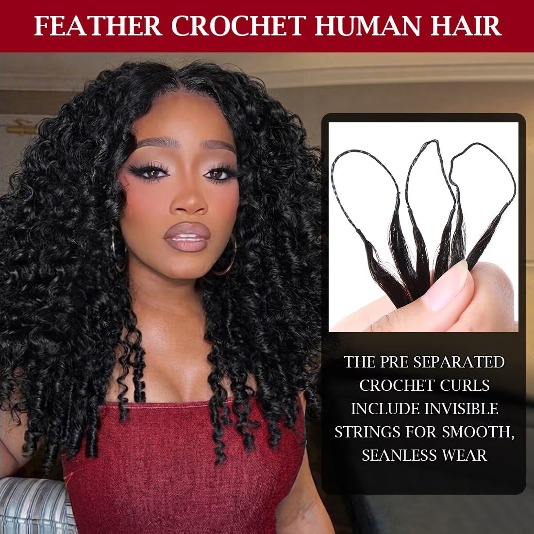 Miracle Invisible Knots Feather Human Crochet Hair 18 Inch 55g Pre-Looped 100% Human Hair for Burmese Curly (Barrel End) Tight & Defined Spiral Seamless Knotless Soft Crochet Hair for Black Women (1B)