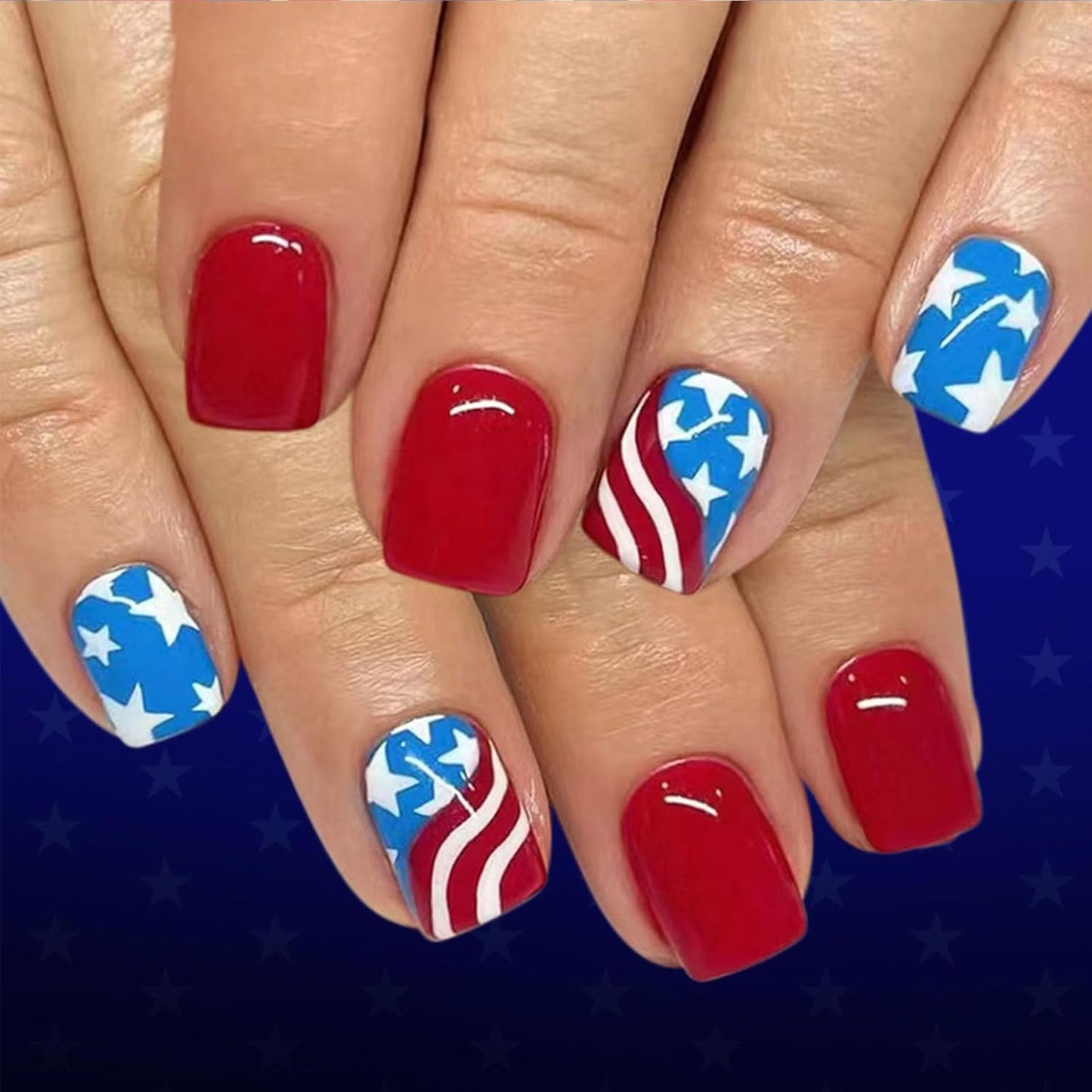 Press On Nails - Short Oval French Tip Design | Glossy Pink with Stars & American Flag - 24 Pcs