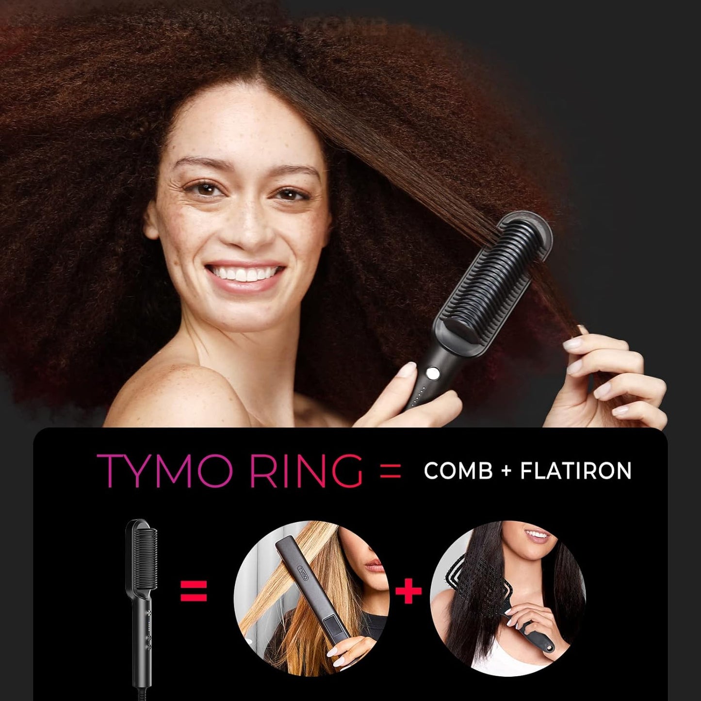 Hair Straightener Brush - TYMO Ring Comb with 5 Heat Settings | Fast Heating & Dual Voltage, Black