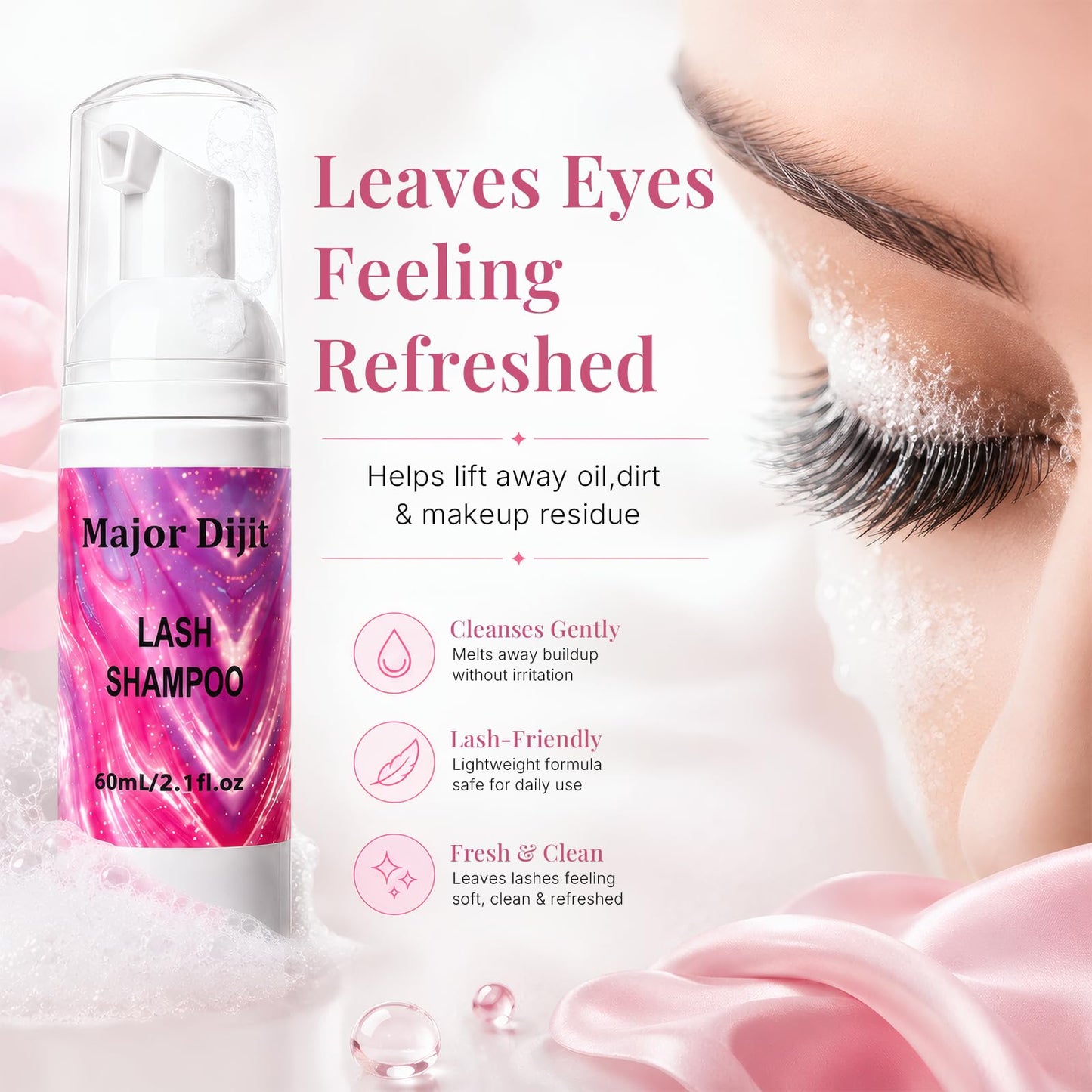 Major Dijit Lash Shampoo Kit Lash Cleaning Kit with Brush/Rinse Bottle Oil-free Cleanser Wash for Extensions & Clusters & Natural Eyelashes Cleaner for Eyelash Care (White Kit)