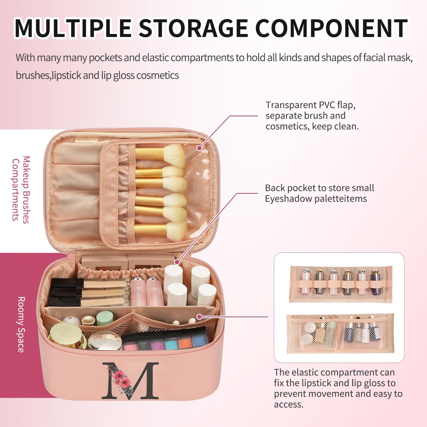 OCHEAL Initial Makeup Bag,Monogram Make up Bag Pink Travel Makeup Organizer Case Beauty Toiletry Cosmetic Bag with Brush Holder, Trendy Stuff Personalized Gifts for Women and Girls-M