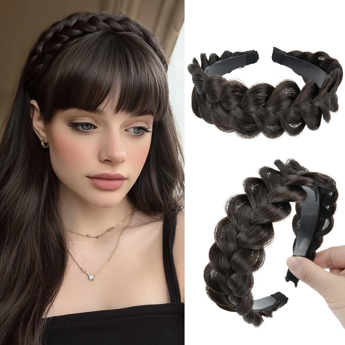Braided Headbands for Women - Handmade Synthetic Hair Hoops with Teeth | Sand Color, 1PC