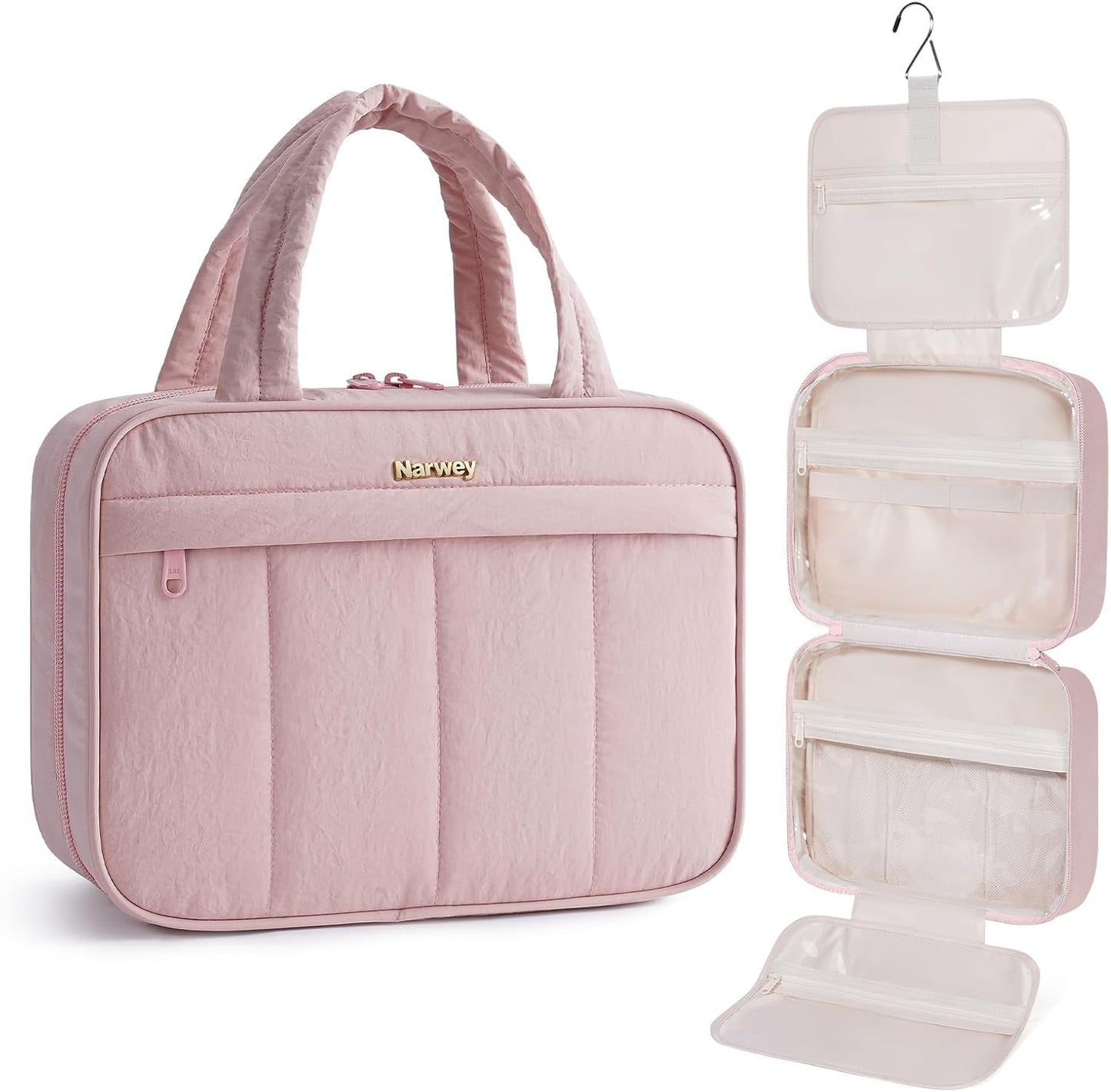 Quilted Travel Toiletry Bag for Women - Portable Makeup Organizer | Pink