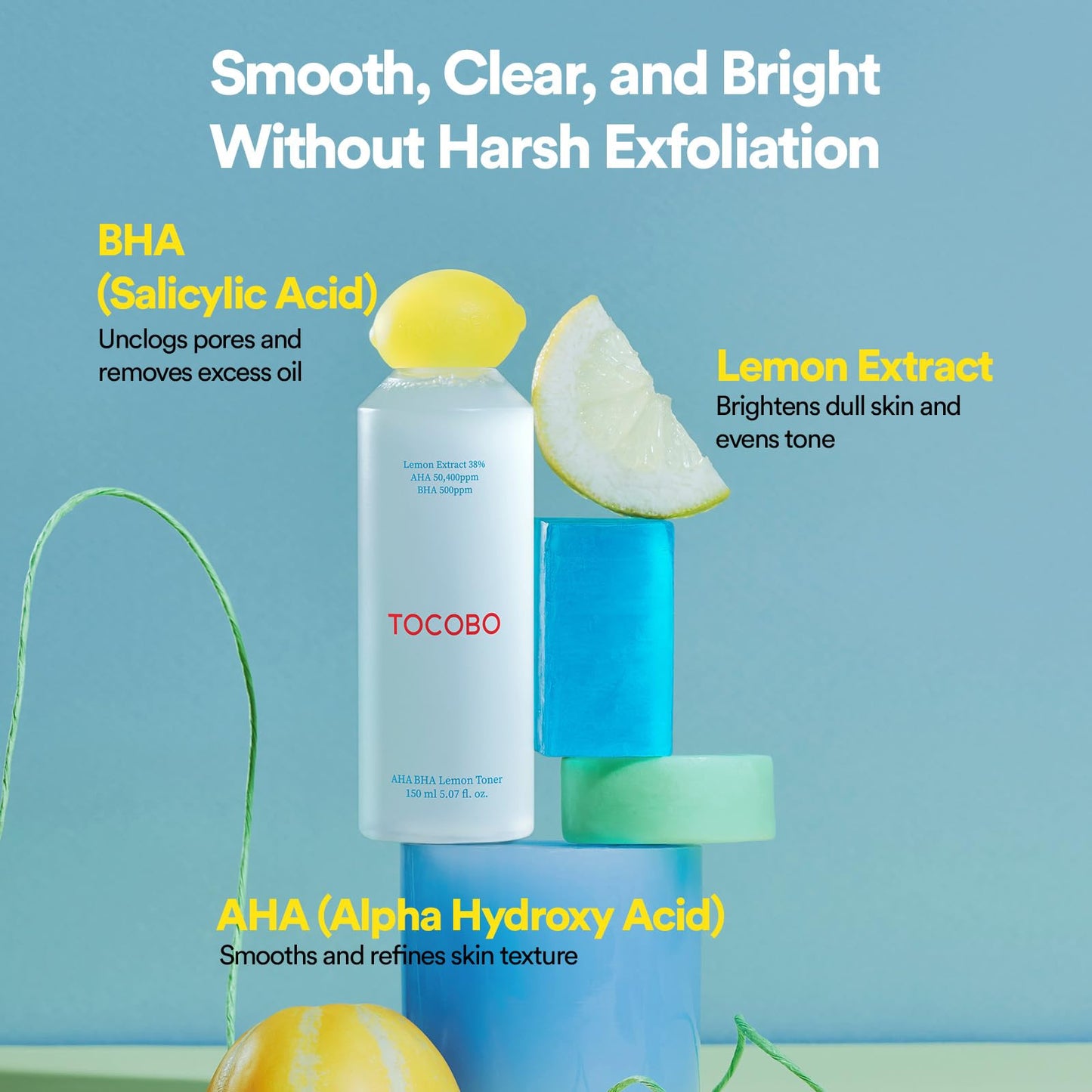 TOCOBO Korean Skincare AHA BHA Lemon Facial Toner – 38% Lemon Extract Vitamin C Brightening Skin Toner, Daily Exfoliating Face Liquid for Dead Skin Cells, Vegan K-Beauty, 5.07 Fl Oz