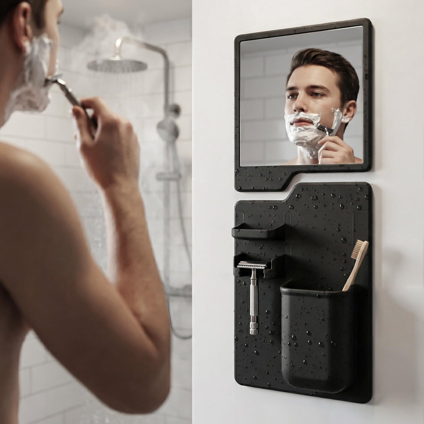 Kottova Shower Mirror Set - Silicone Shower Organizer&Shatterproof Shower Mirror for Shaving - Powerful Silicone Adhesion, Removable and Reusable, Black