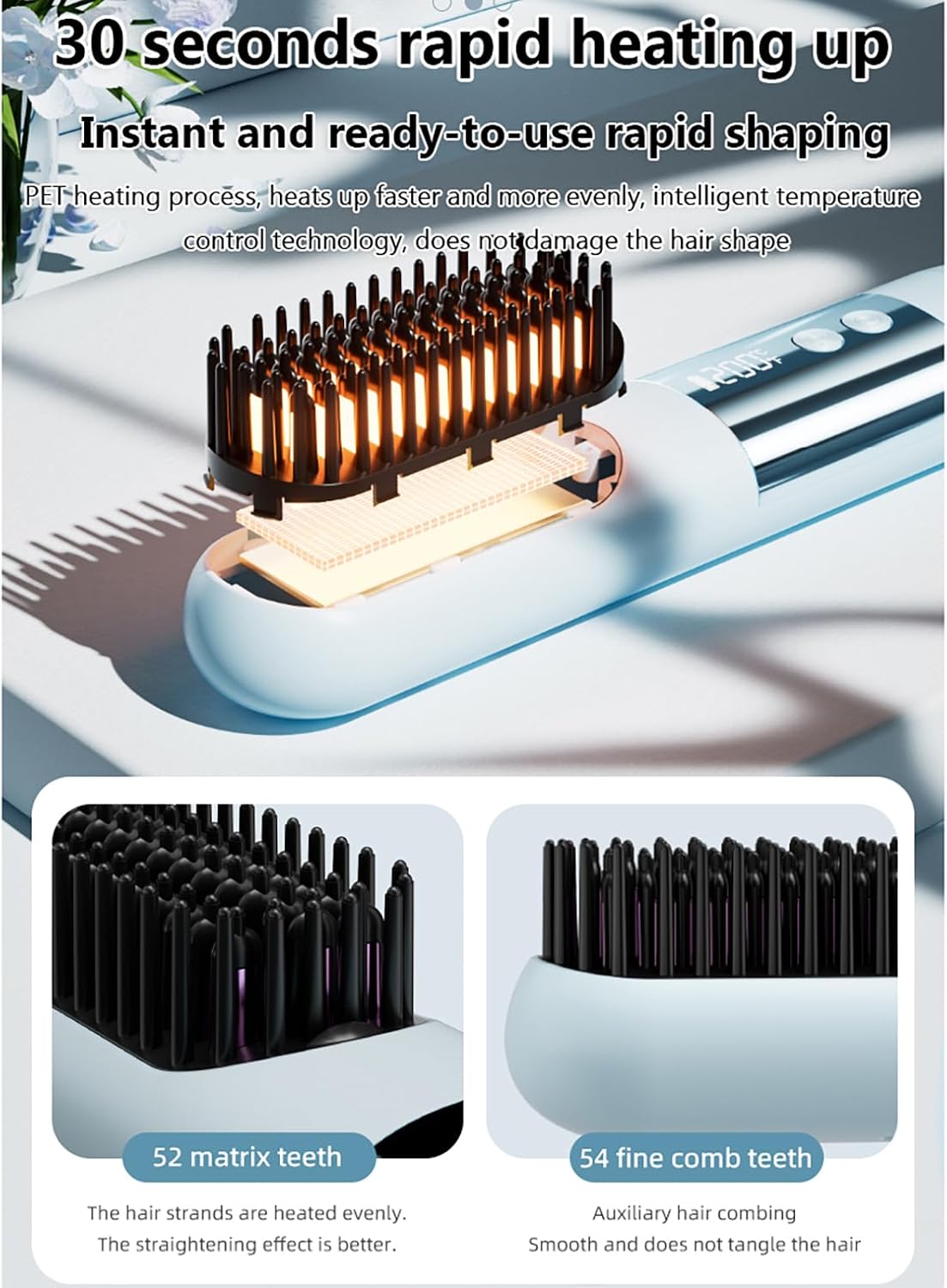 Go Brush Pro - Ionic Ceramic Straightening Brush for Short Hair | 3 Heat Settings, Fast 30s Heat, USB-C Rechargeable (Brown)