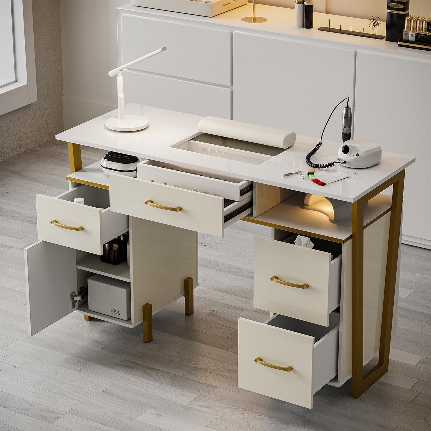 Belandi Manicure Table for Nail Tech, Modern High Glossy Nail Desk w/Metal Frame, Nail Station w/4Drawers & 2 Cabinets, Acetone-Resistant Salon Beauty Workstation (White)