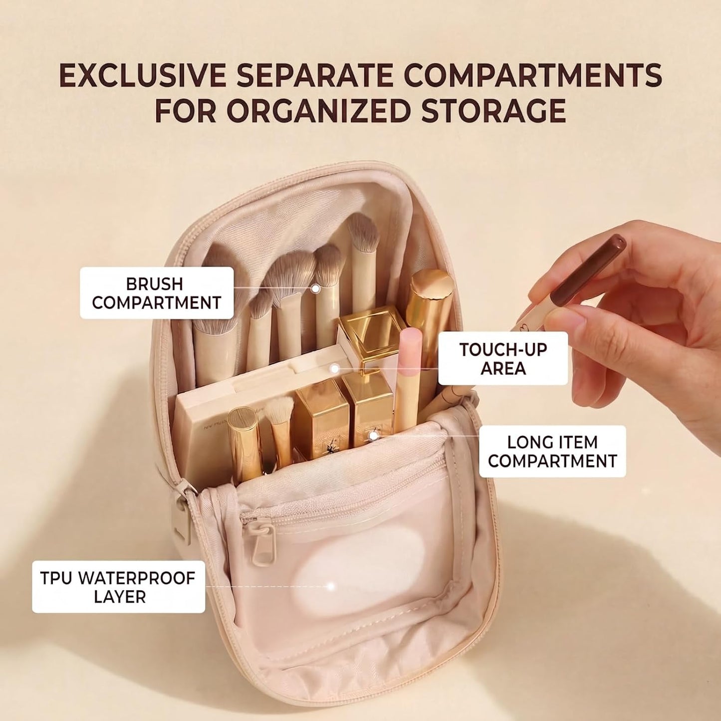 Travel Makeup Bag - Waterproof PU Leather Cosmetic Organizer with Compartments | Small Beige Brush Holder