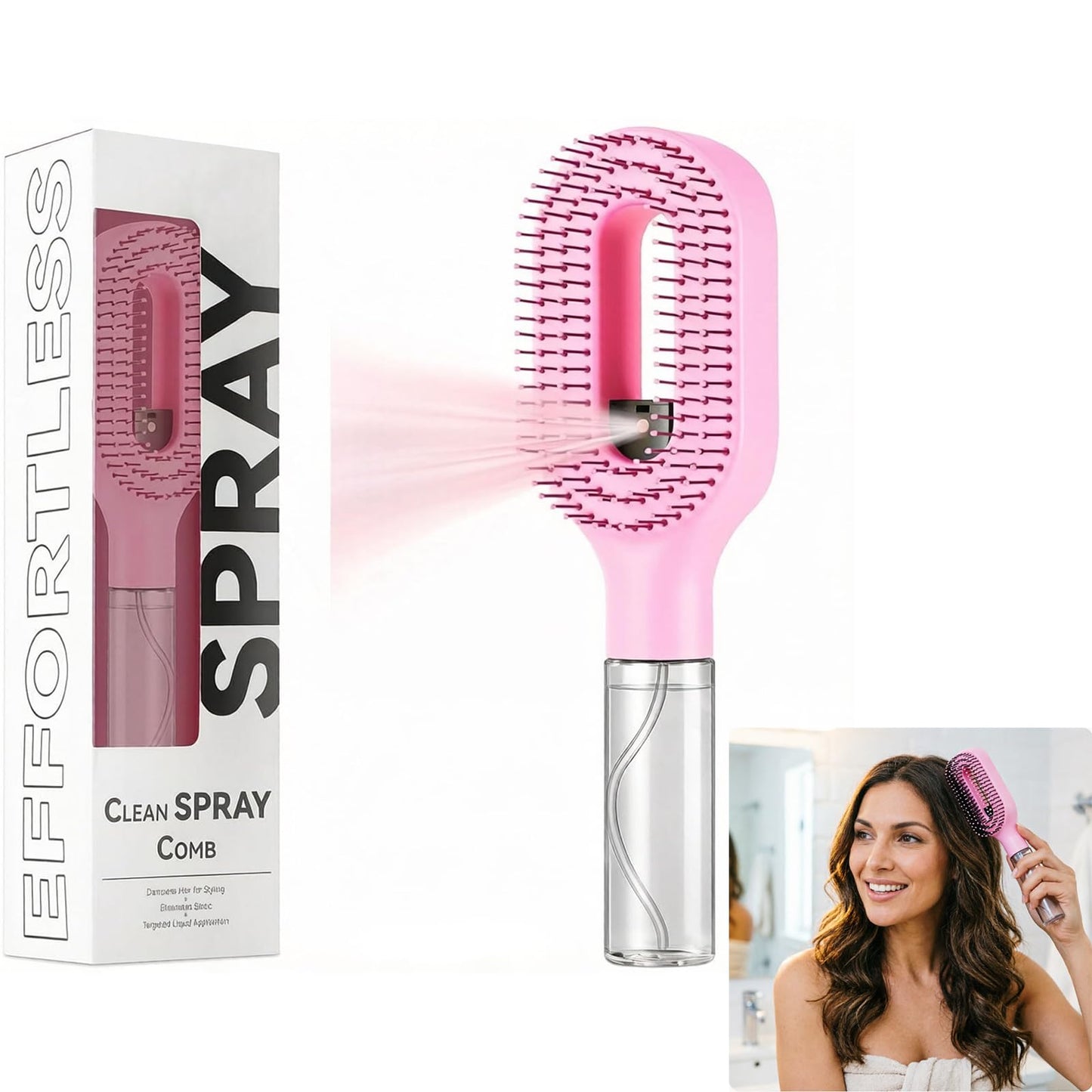 2-in-1 Detangler Hair Brush, With Built-In Mister Spray, Wet & Dry Detangling Brush for Curly, Wavy & Straight Hair | No-Tangle Anti-Frizz Hair Care Brush,Water Reservoir 50ml. (Pink)
