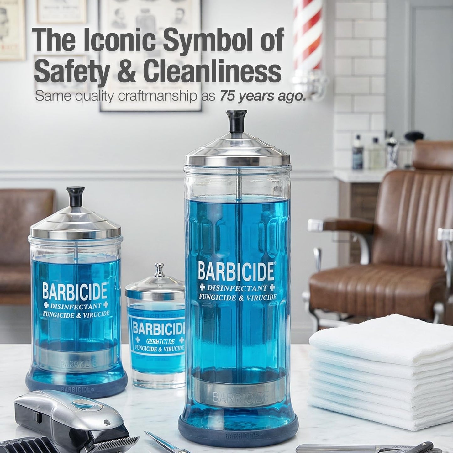 BARBICIDE Disinfectant Jar (Small - 4 Fl Oz) – Durable Glass Immersion Container with Stainless Steel Lid and Tray – Professional Barber Tool Sanitizer for Combs, Nail Tools, Brushes & Implements