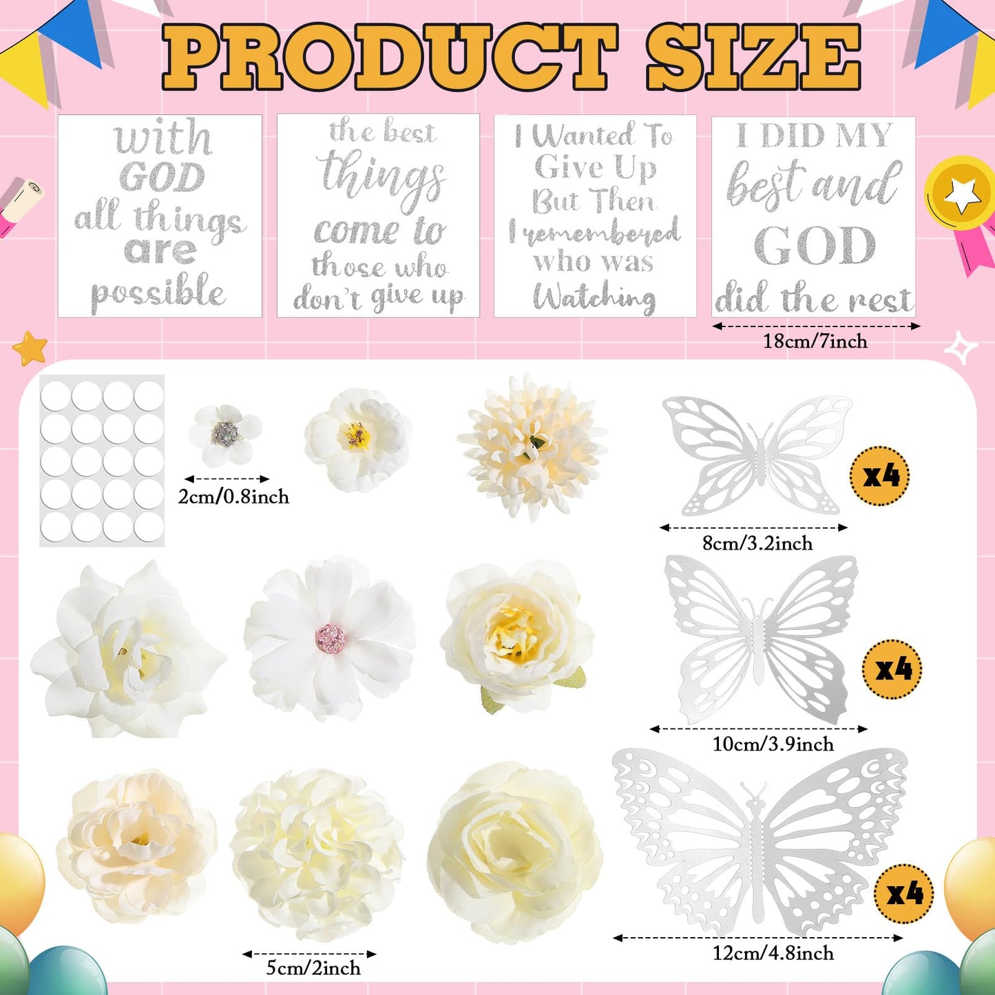 Feifeiya 36 Pcs DIY 2026 Graduation Cap Decorations Accessory Kit Include Faux Flower Heads Graduation Quotes Glitter Stickers 3D Butterfly for Grad Cap Topper DIY Gift(Silver,Inspirational)