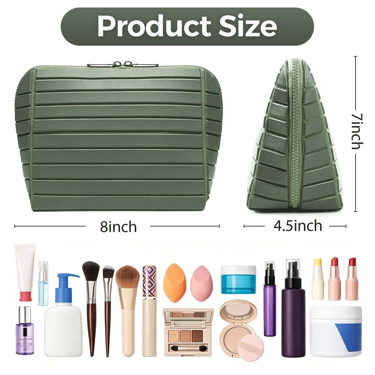 Travel Makeup Organizer Bag with Fold-Down Design and Adjustable Dividers, 27 Pockets & 3 Brush Storage Holders, Large Capacity Cosmetic Bags Toiletry Case - Dark Green