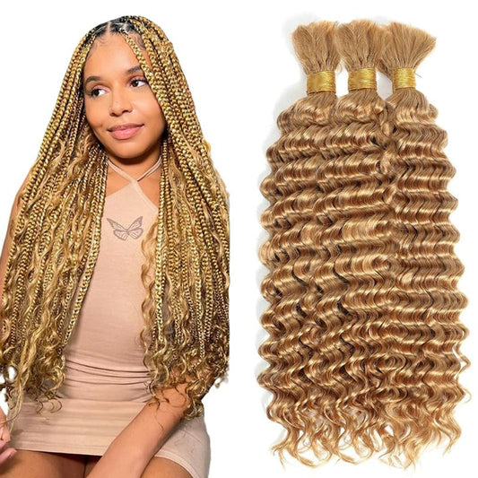 Honey Blonde Human Braiding Hair for Boho Braids 28 28 28 Inch Color 27 Deep Wave Bulk Hair No Weft #27 Blonde Curly Human Hair Extensions for Braids 3 Bundles 150g