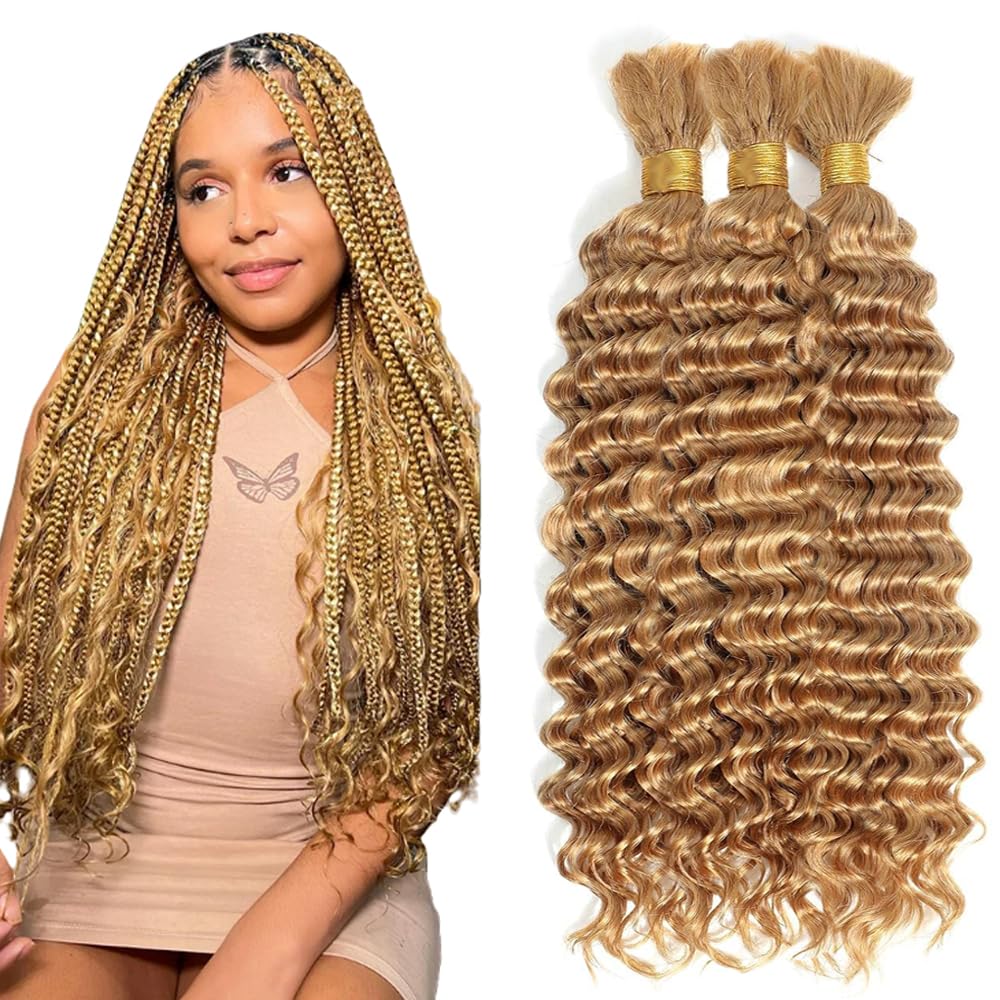 32 32 32 Inch Honey Blonde Human Braiding Hair For Boho Braids Blonde Human Braiding Hair Deep Wave #27 Bundles Boho Braids 150g