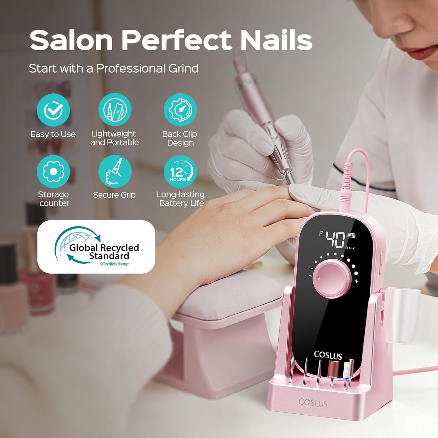 Electric Nail Drill - Rechargeable 40000RPM E-File for Manicure & Gel Removal | Pink, Easy to Use for Home & Salon