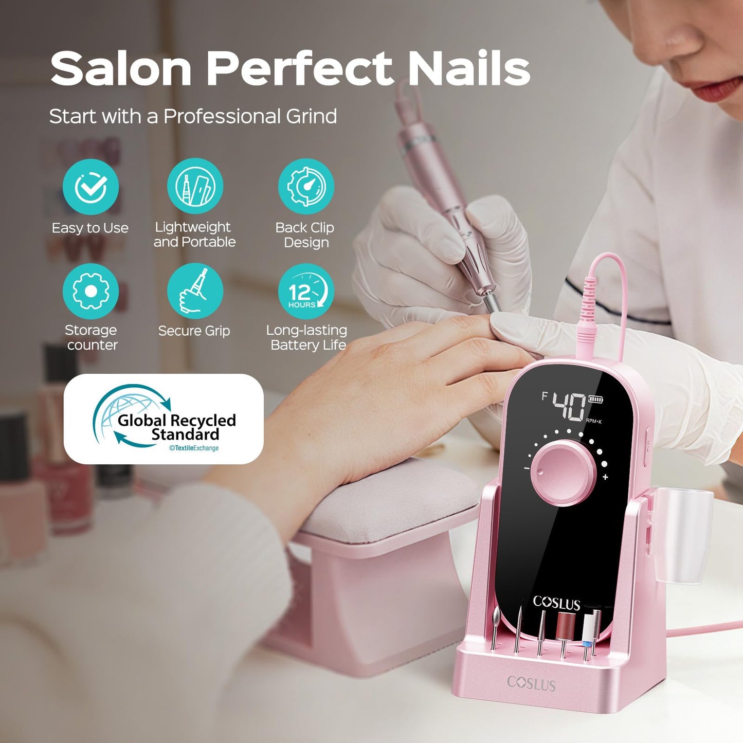 COSLUS E51 Electric Nail Drill Professional: Rechargeable Nail File with Stand for All Manicure Shaping & Gel Removal, Entry-Level Easy, 40000RPM E-File for Nail Art Practice, Home DIY and Salon, Pink