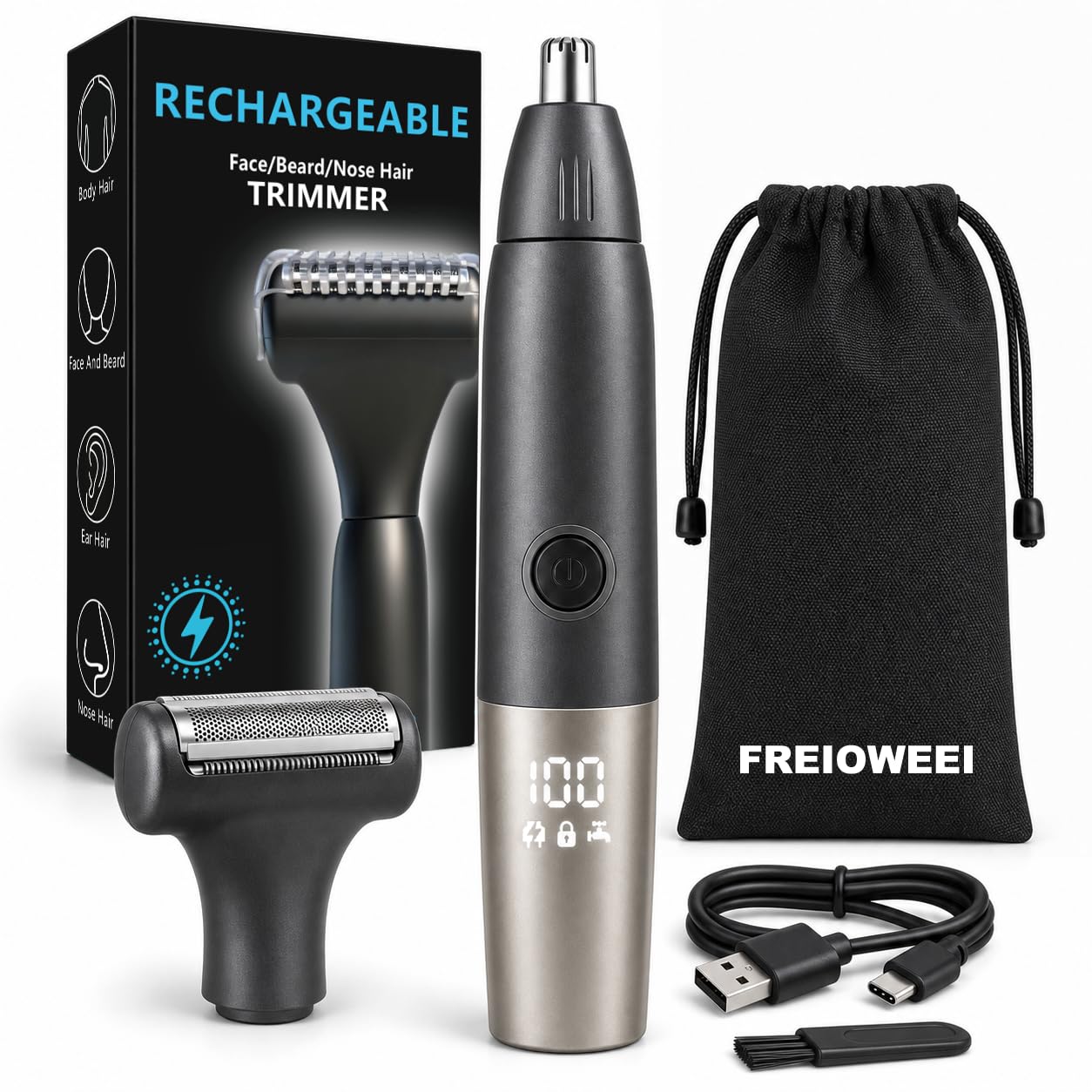 FREIOWEEI 2026 NEW Nose Hair Trimmer for Men, USB-C Rechargeable Ear and Nose Trimmer with LED Display, 2-in-1 Facial Detail Trimmer Attachment, Waterproof Dual-Edge Blades, Travel Lock, Black