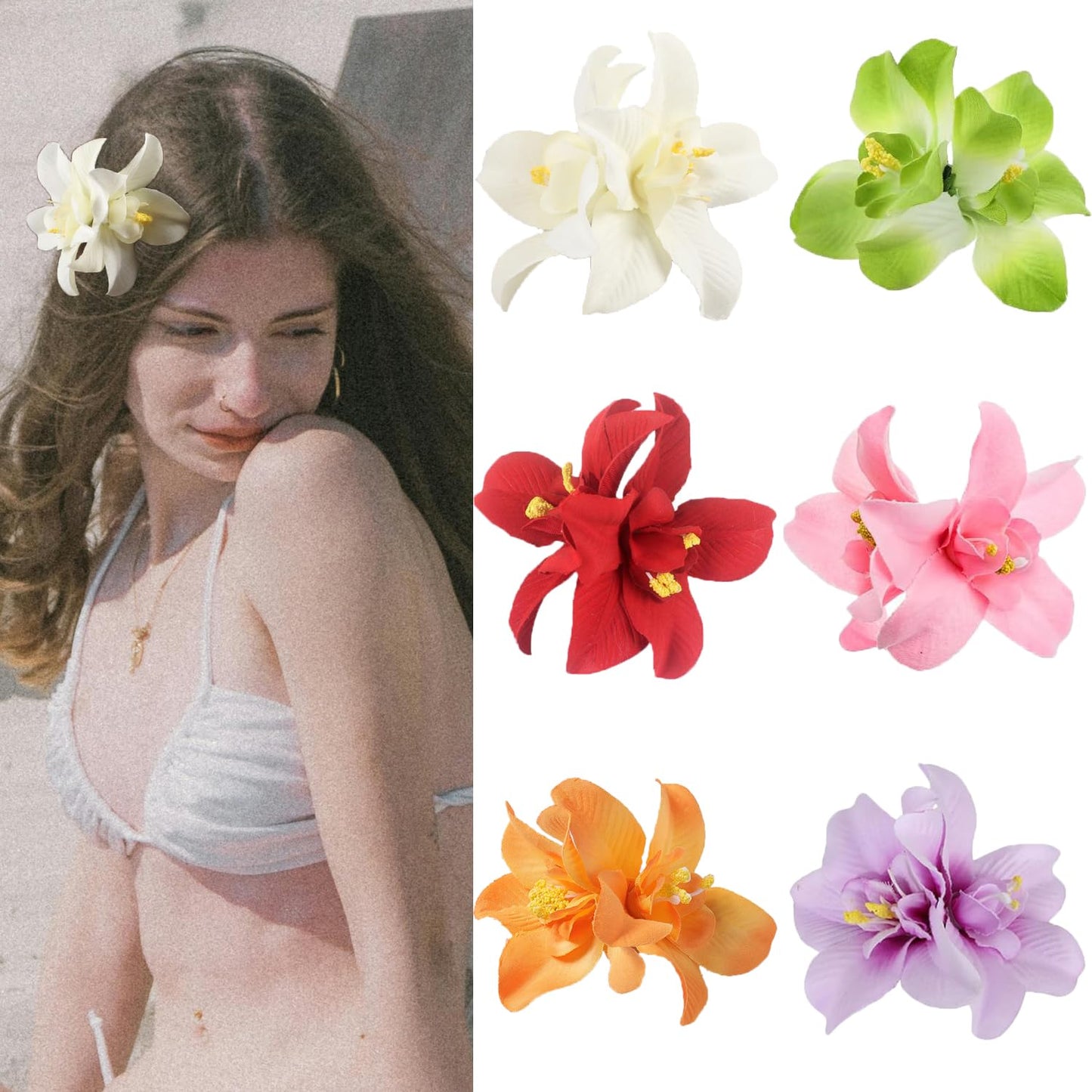 Hawaiian Flower Hair Clips - 6 Pcs Boho Plumeria & Hibiscus Barrettes | 3.5 Inch Cute Summer Accessories for Women & Girls