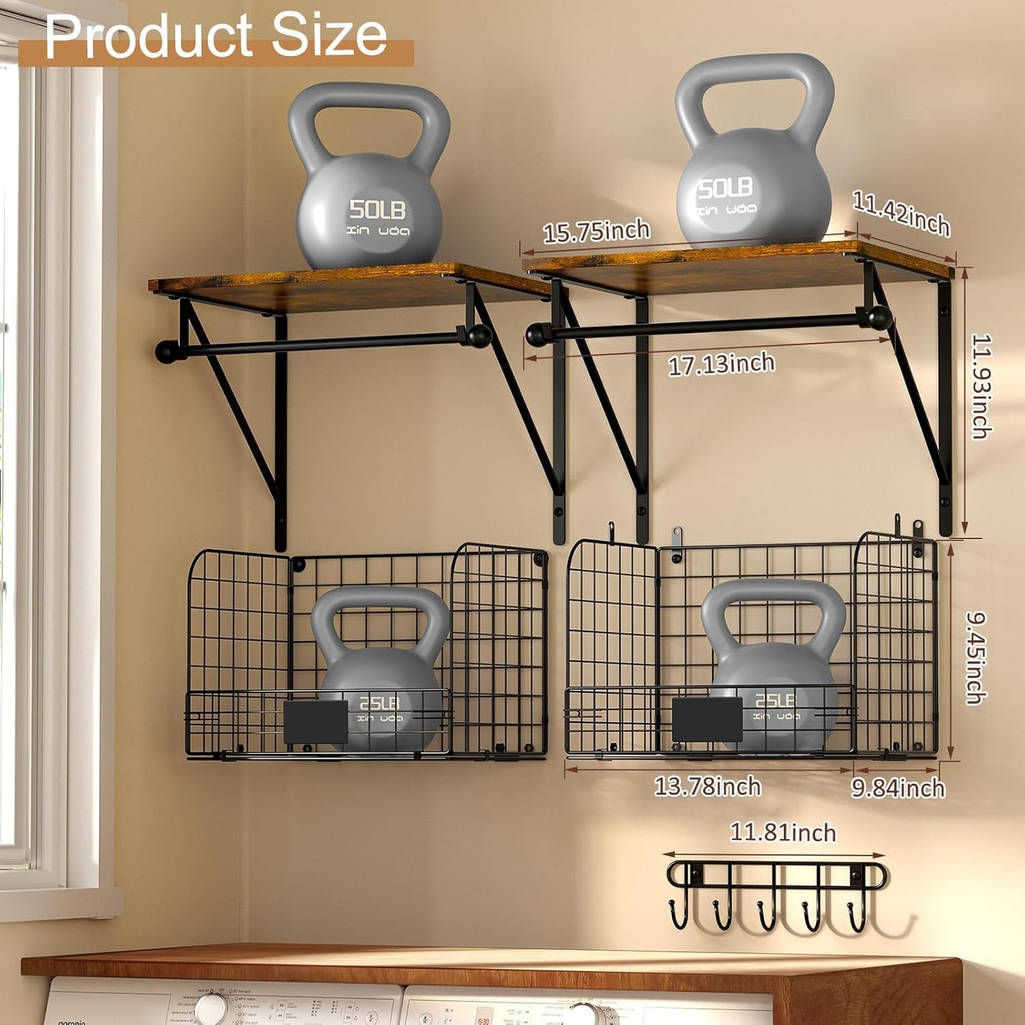 Wall Mounted Laundry Room Shelves - Over Washer & Dryer Shelf with Wire Baskets & Drying Rack | Black Wood & Metal