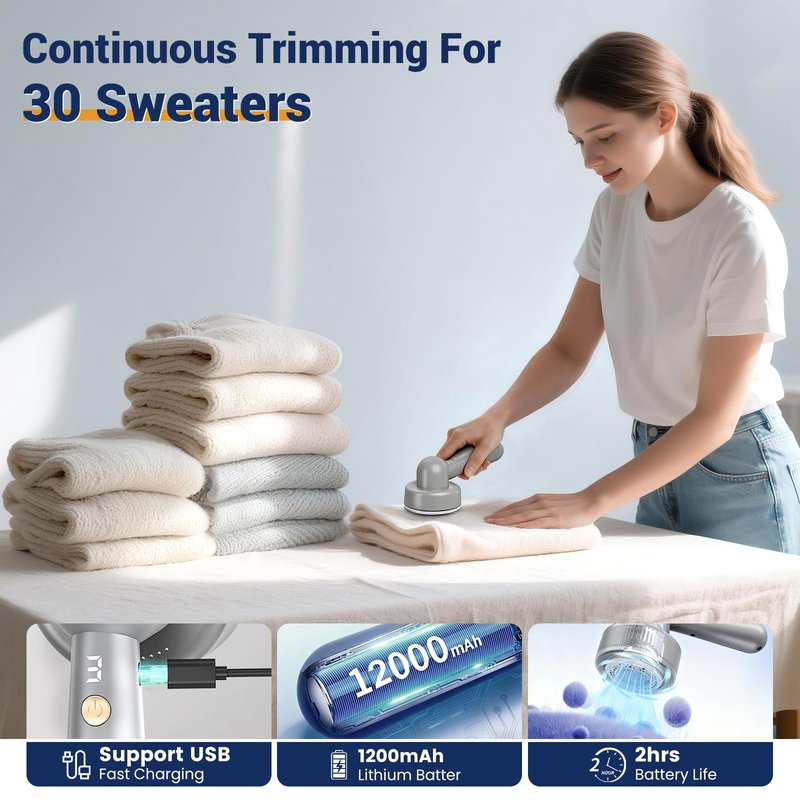 DBC Fabric Shaver & Lint Remover for Clothes, Sweaters & Furniture - 6-Leaf Blade, 3 Speeds, 2H Runtime, Portable Design Perfect for Travel, Includes 2 Extra Blades - Grey