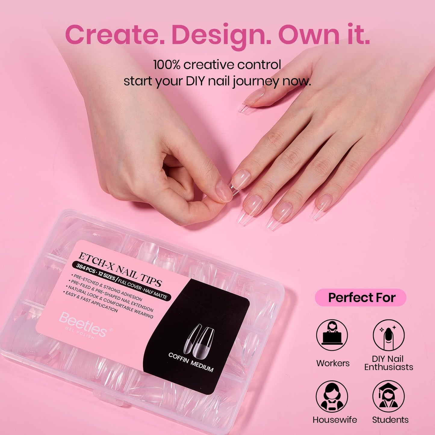 Beetles Gel Nail Tips Etch-X- Coffin Medium, 384pcs 12 Sizes, Pre-Etched Half Matte Full Cover Soft Gel Nail Tips, Press on False Nail Extension Acrylic Fake Nails, Easy DIY Salon Art
