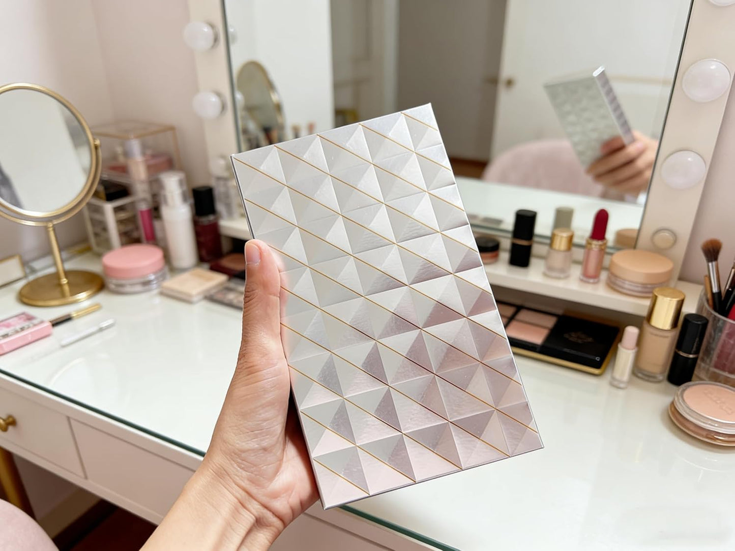 Magnetic Eyeshadow Palette - 2-Layer Silver & Gold Foil Design | Portable Makeup Storage Case with Mirror & 20 Adhesive Stickers, 7.48 x 4.33 Inch