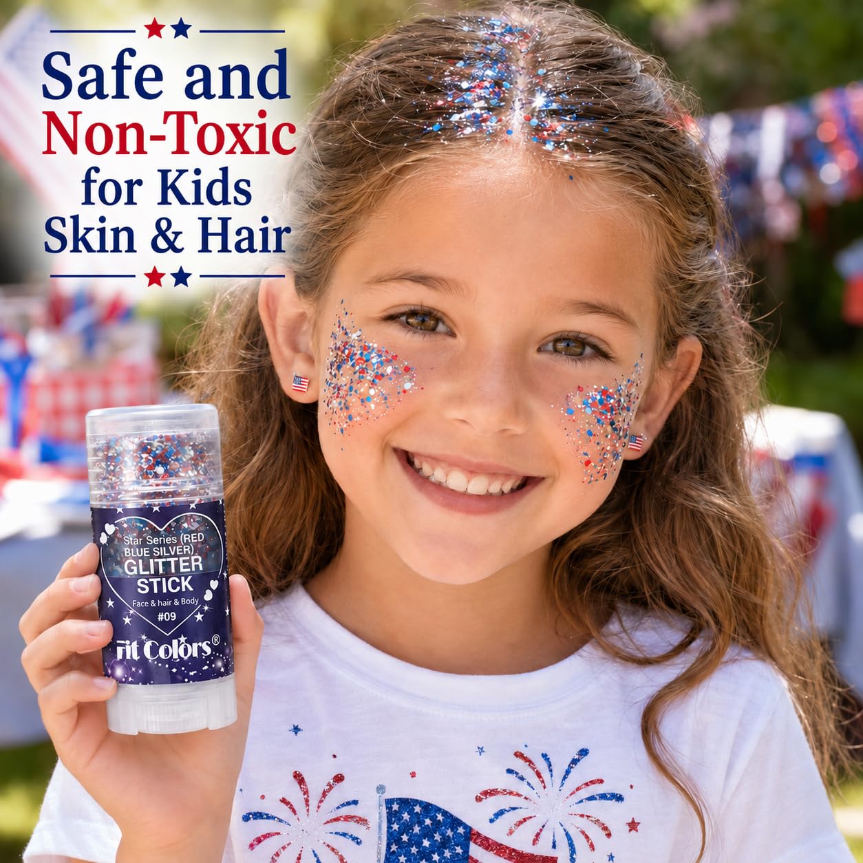 Honlley Patriotic Red White and Blue Face Hair Body Glitter Stick, Waterproof 4th of July Outfits Accessories for Women Kids, USA Flag Fourth Sparkle Makeup for 250 Anniversary Memorial Veterans Day