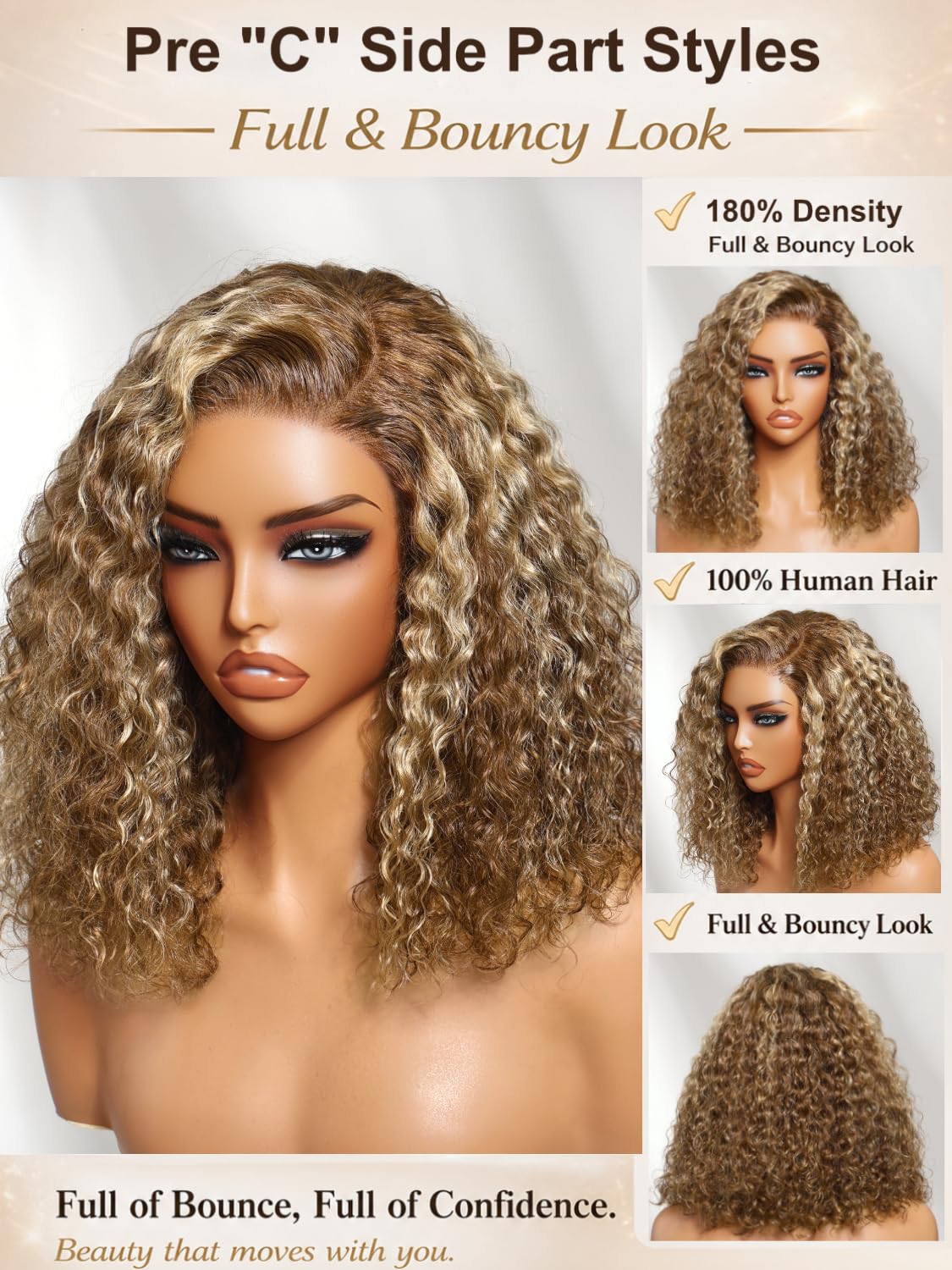UNICE Glueless Curly Bob Wig Human Hair, Honey Blonde Highlight Side Part Short Bob Wig, 7x5 Lace Front Wig Pre Plucked Bleached Knots, Drawstring Wig Ready to Go, 180% Density 12 Inch