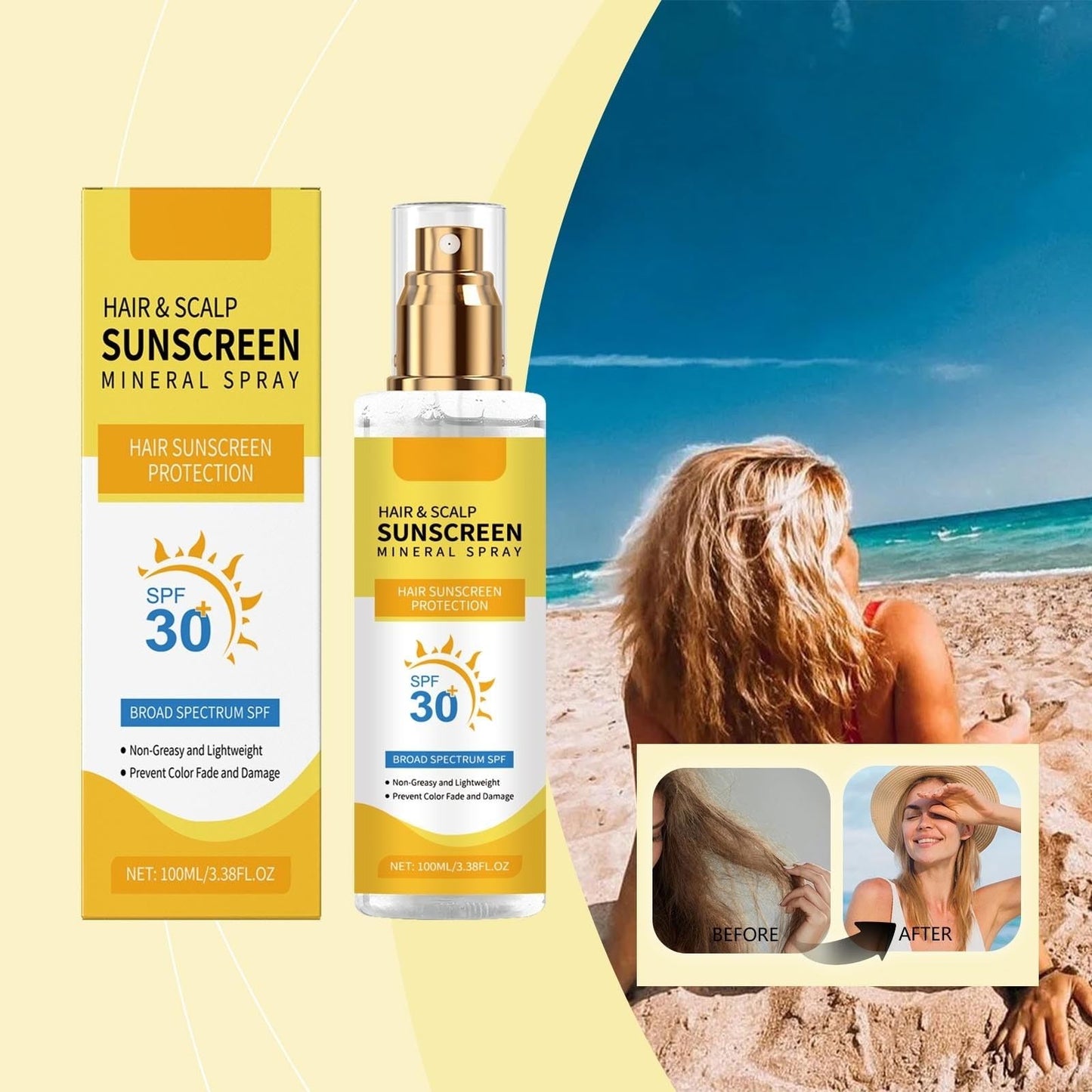 Hair & Scalp Sunscreen Spray SPF 30+, UV Protection Spray for Hair & Scalp, Lightweight Non-Greasy Water-Resistant Formula, Ideal for Outside (1pc)