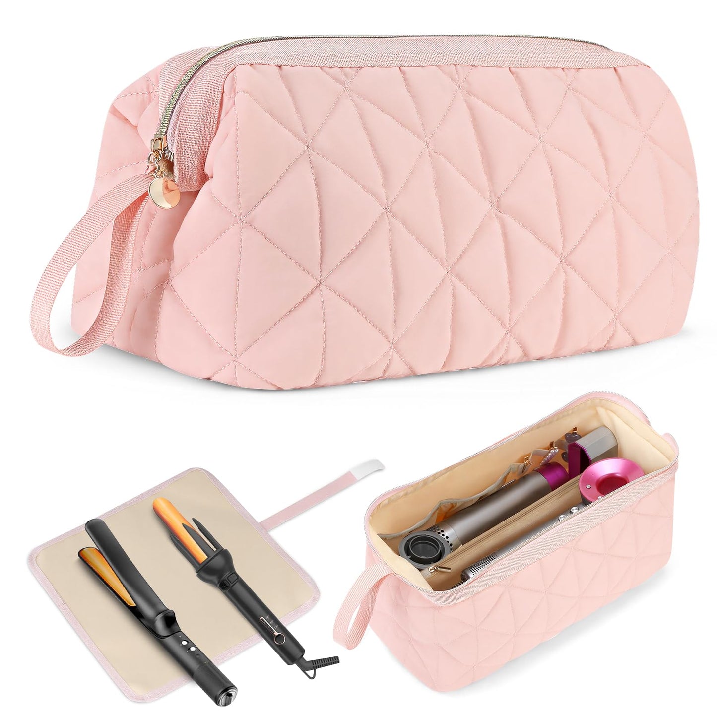 YUFIXO Hair Tools Travel Bag with Separate Heat Resistant Mat, Large Portable Organizer Bag for Women to Store Hair Dryers, Flat Irons, Curling Irons, Straighteners & Hair Accessories, Pink