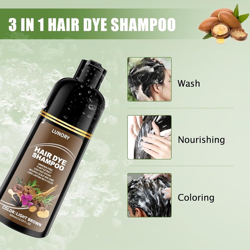 Light Brown Hair Dye Shampoo - 100% Gray Coverage, Argan Oil & Ginseng, Ammonia-Free | Long-Lasting Semi-Permanent Color for All