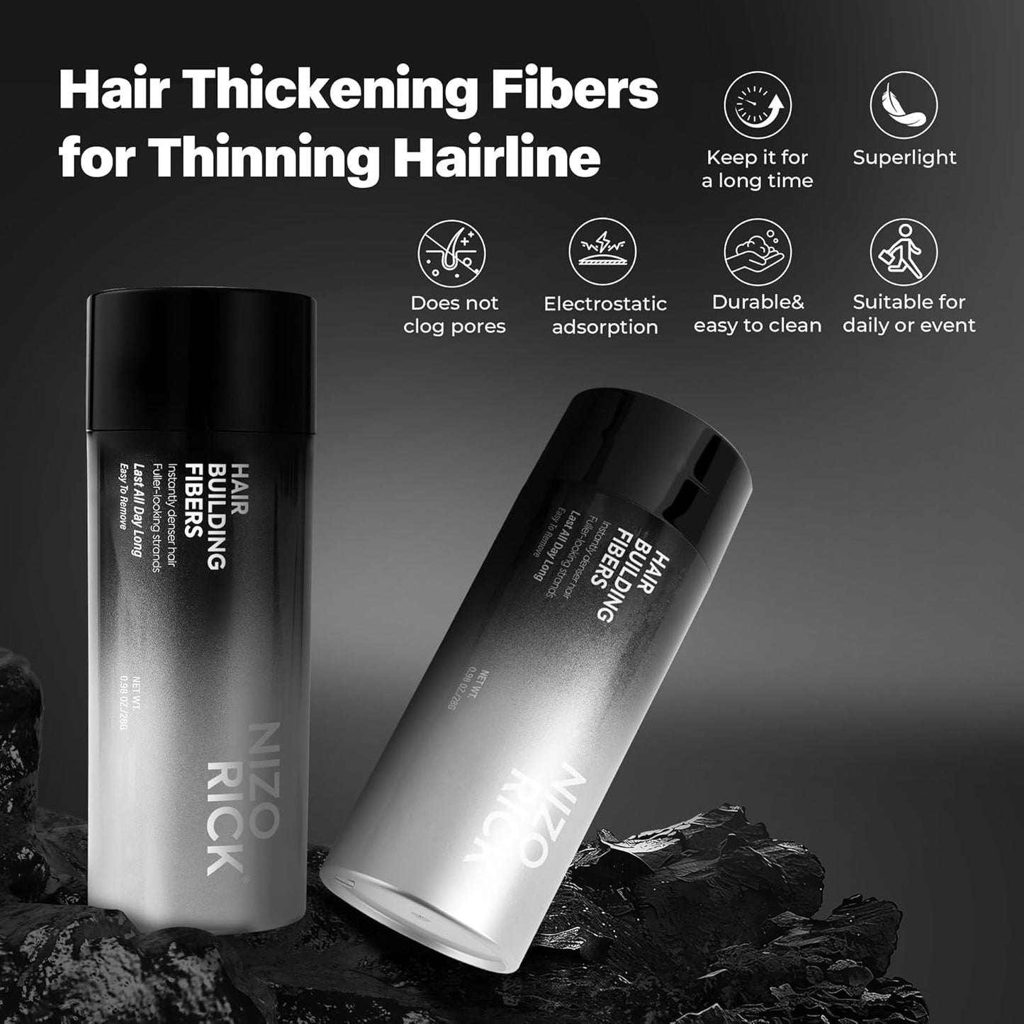 Hair Thickening Fibers - Waterproof Color Powder for Thinning Hair | 28g Black Fill-In for Men & Women