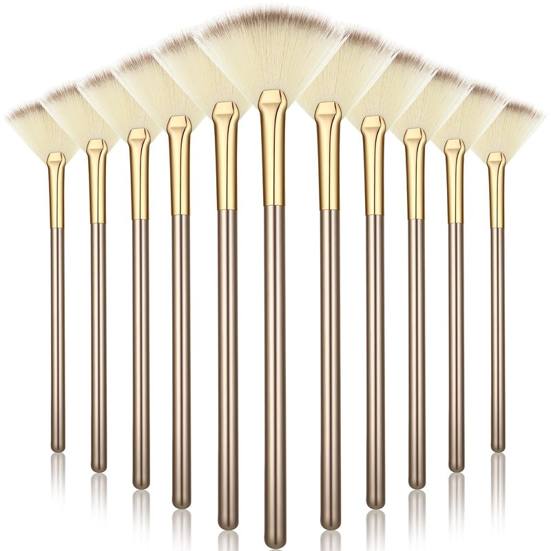 Ziliny 12 Pcs Soft Facial Fan Brush Blush Makeup Brush Face Mask Acid Applicator Multi Use Cosmetic Tools for Peel Mask Makeup for Mud Cream(Champagne)