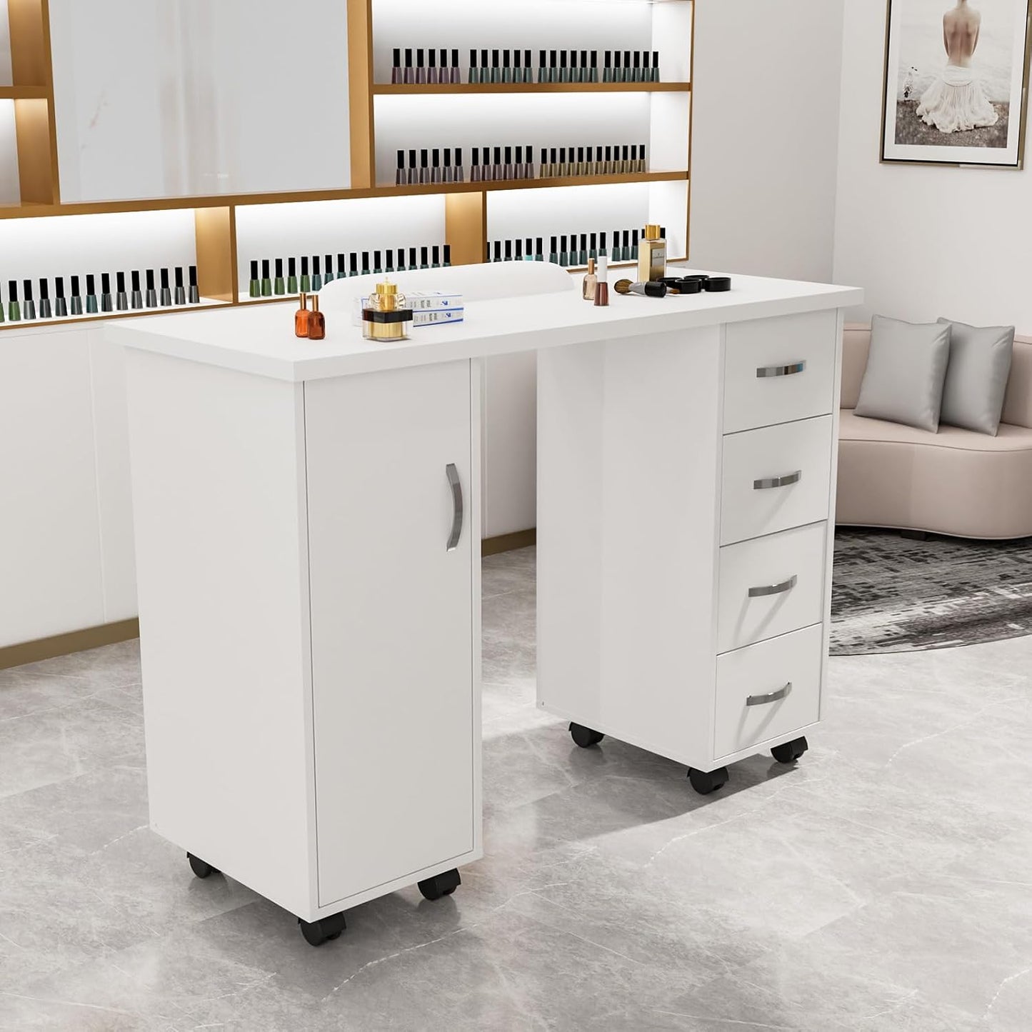Manicure Table - Professional Nail Desk with Cabinet, Drawers & Wheels | White Spa Salon Workstation