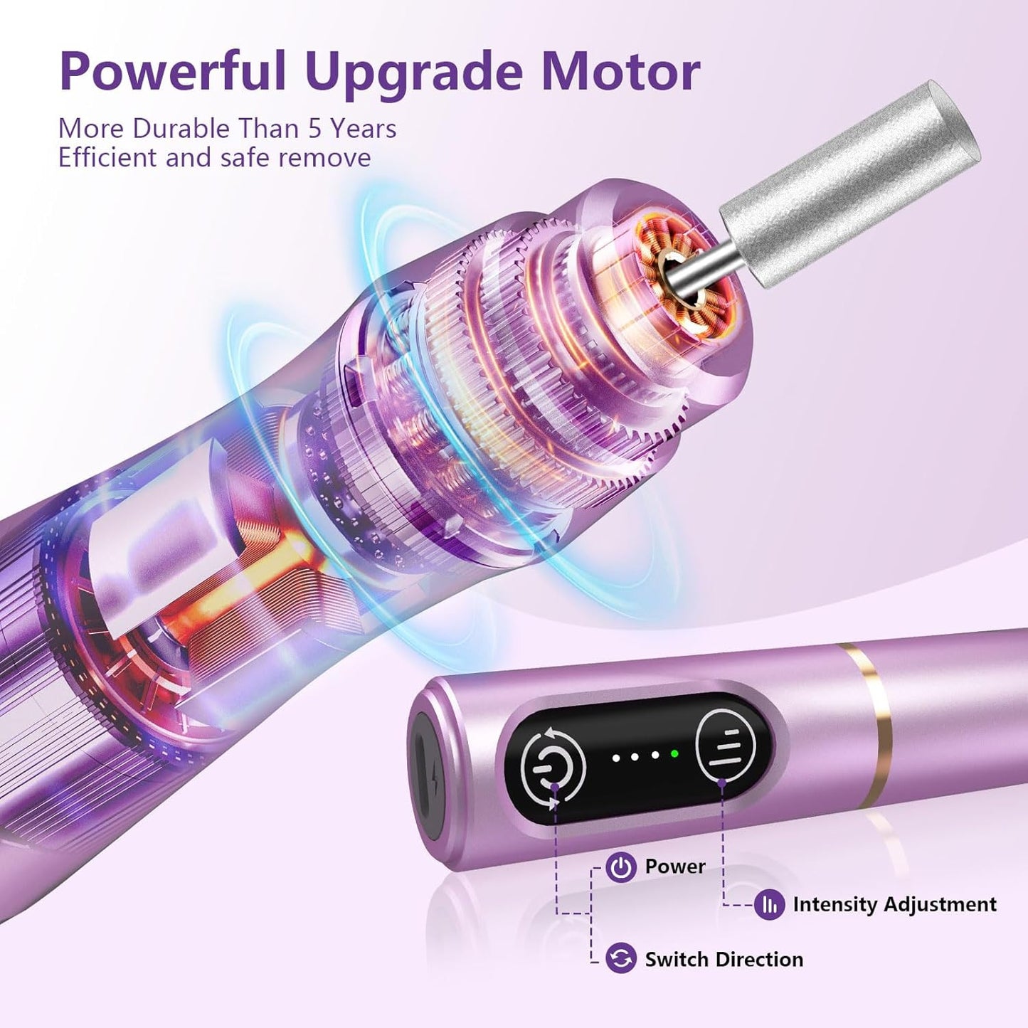 Cordless Nail Drill Electric Nail File Kit - Rechargeable Efile Set | Portable Manicure & Pedicure Tool, 11 Bits, Purple