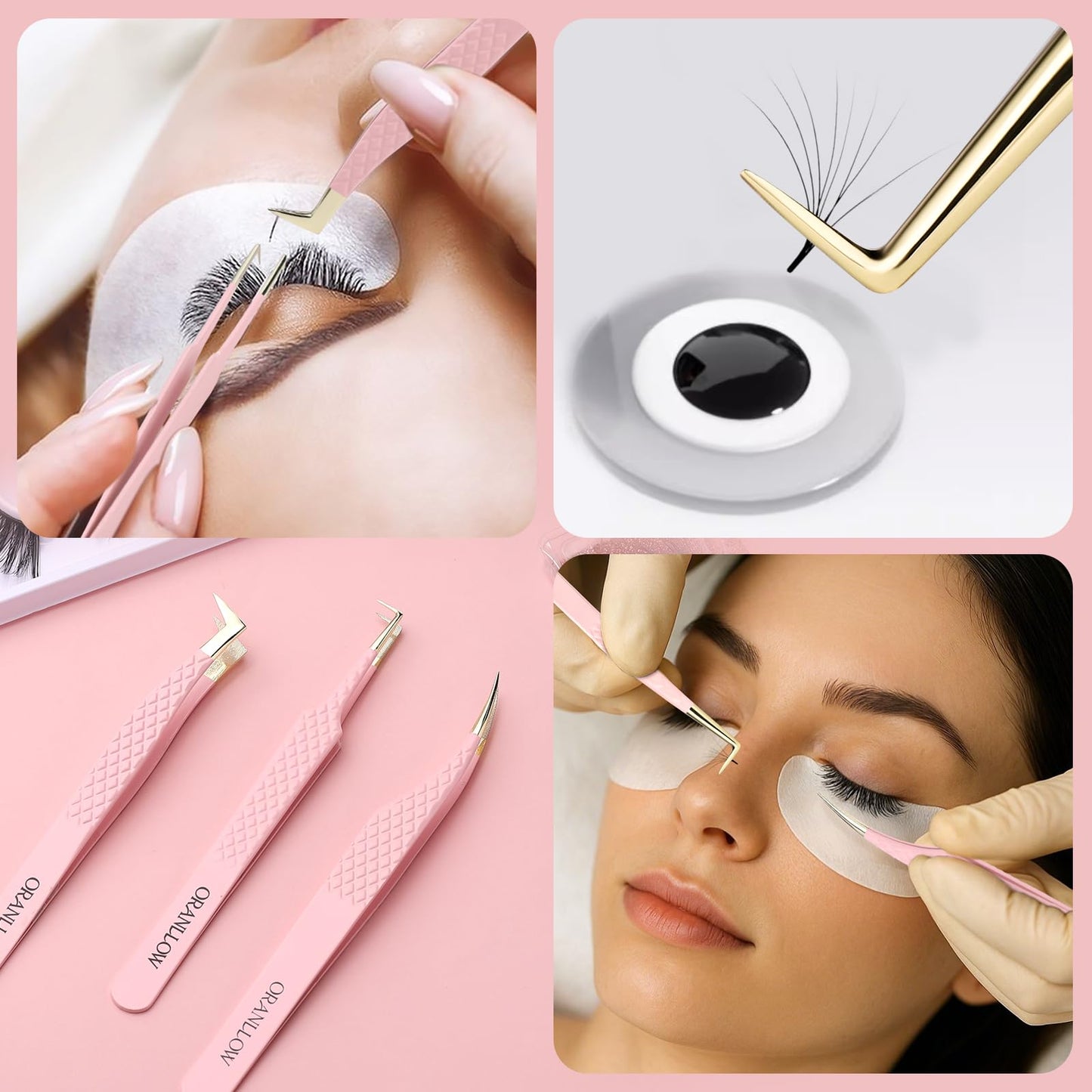 Oranllow Lash Tweezers Set for Eyelash Extensions - 3 Precision Fiber Tip Diamond Grip, Volume,L-shape Boot, 90 Degree Lash Tweezers for Volume Classic Lashes Premade Fans (3)