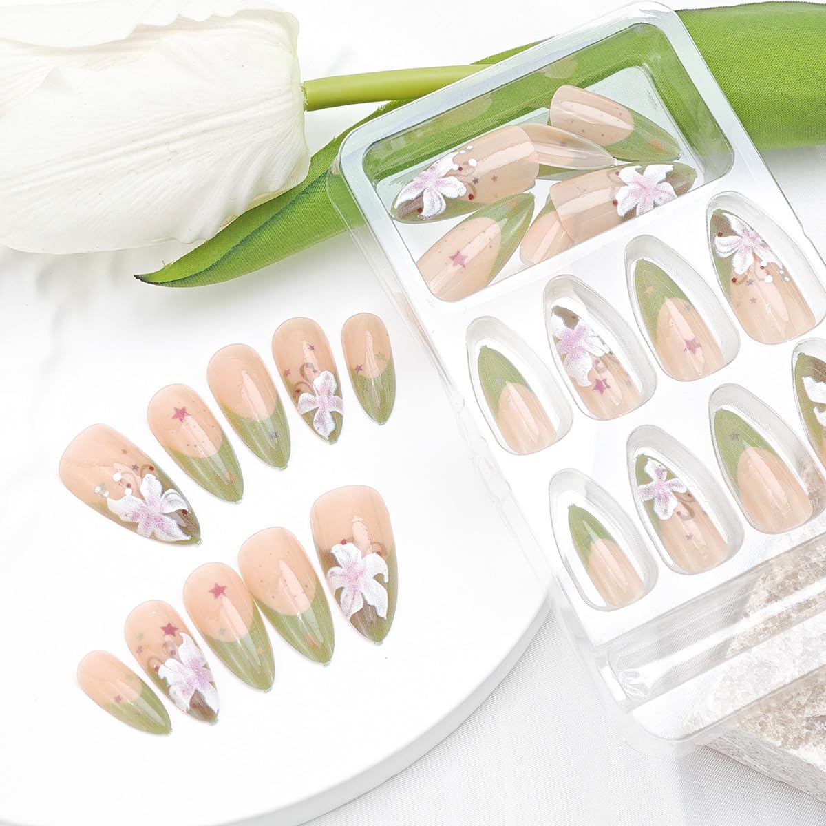 French Tip Press-On Nails - 24Pcs Medium Almond Colorful Star Design | Spring Flower Acrylic Manicure