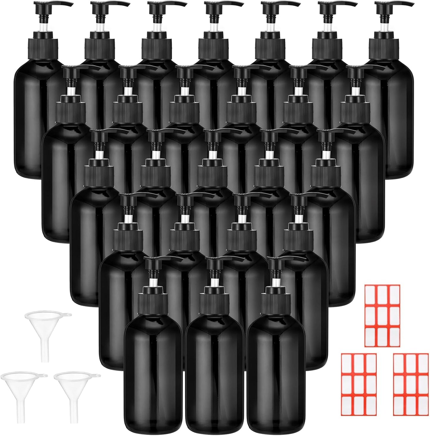 Glass Pump Bottle Set - 24 Pcs 8 oz Refillable Soap Dispenser with Labels & Funnels | Amber