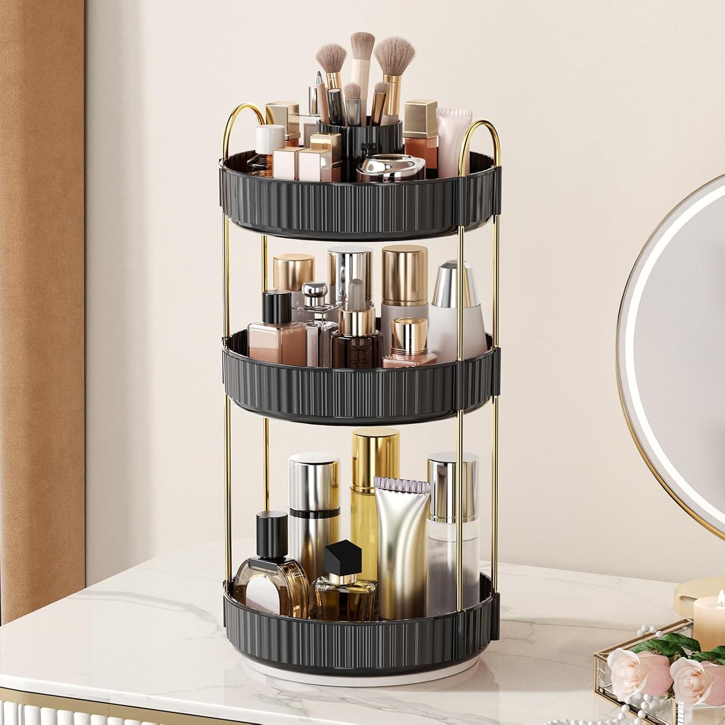 360° Rotating Makeup Organizer - Upgraded 3-Tier Skincare & Perfume Storage | Clear Dresser Organizer with Brush Holder (Amber)