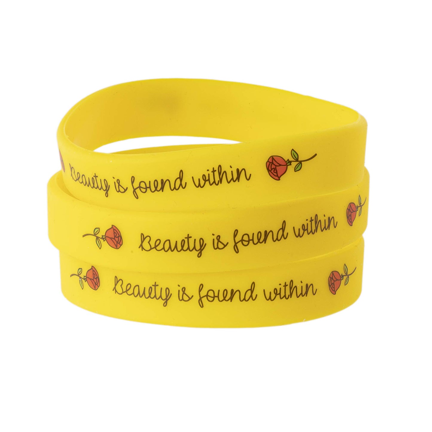 Rose Beauty Wristband Party Favors, 24 Pack Silicone Bands Beauty and the Beast Theme Bracelets for Girl Power Teens Tween Birthday Supplies Celebration Positive Message - Silicone Bracelets for Girls